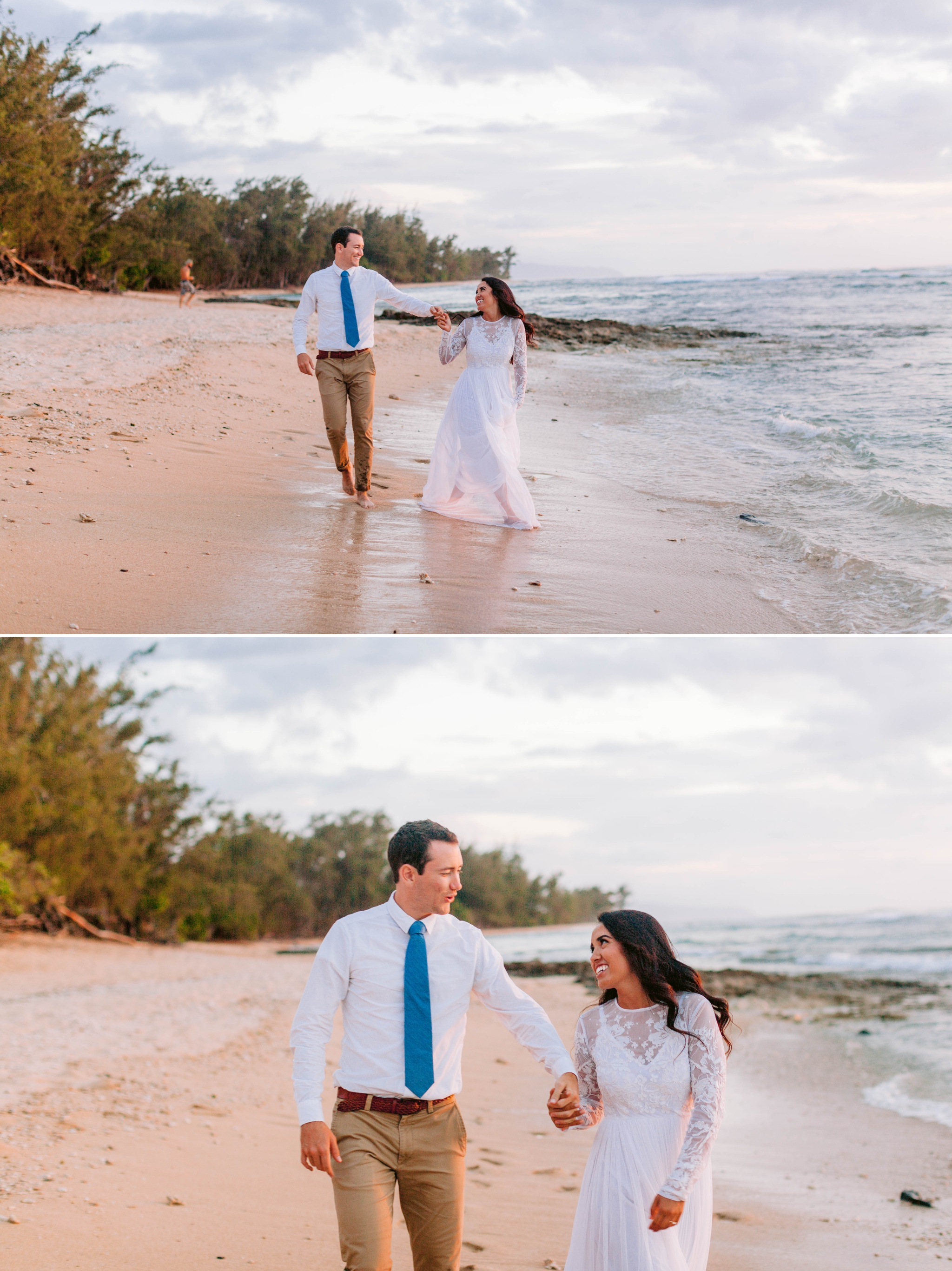  Walks on the beach - Wedding Portraits at Sunset in Hawaii - Ana + Elijah - Wedding at Loulu Palm in Haleiwa, HI - Oahu Hawaii Wedding Photographer - #hawaiiweddingphotographer #oahuweddings #hawaiiweddings 