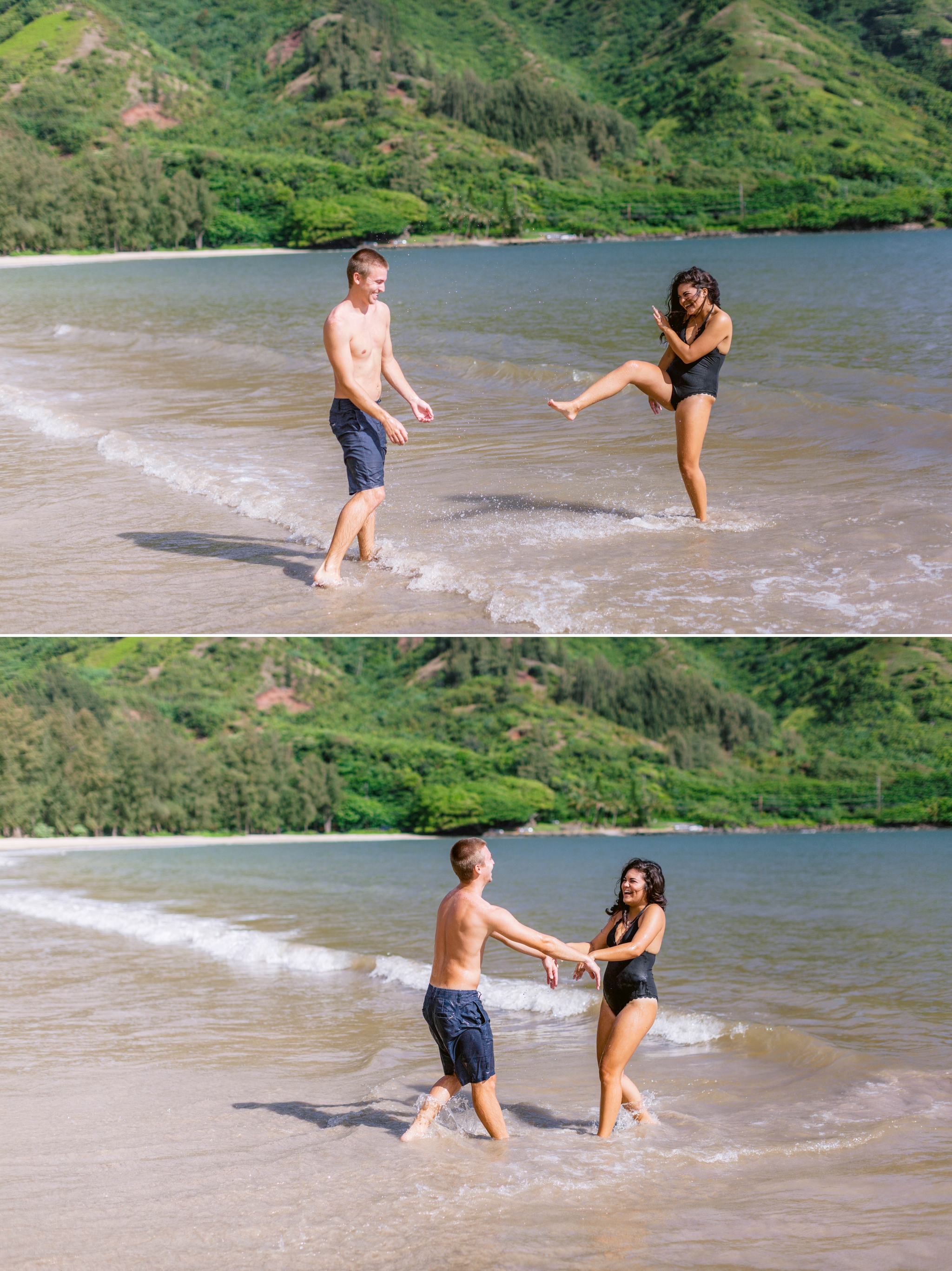  Couple playing in the ocean in their bathing suits - Rilee + Max - Beach Engagement Session at Kahana Bay in Kaaawa, HI - Oahu Hawaii Wedding Photographer - #hawaiiengagementphotographer #oahuengagementphotographer 