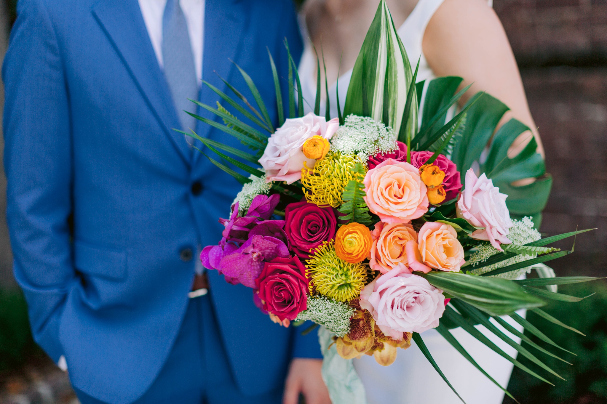 Colorful Hawaiian tropical flower bouquet - Navy, Green, Gold and Berry colored Tropical Wedding Inspiration for your Wedding in Hawaii! - Honolulu, Oahu, Hawaii Photographer - Fine Art Film Photography - Light and Airy