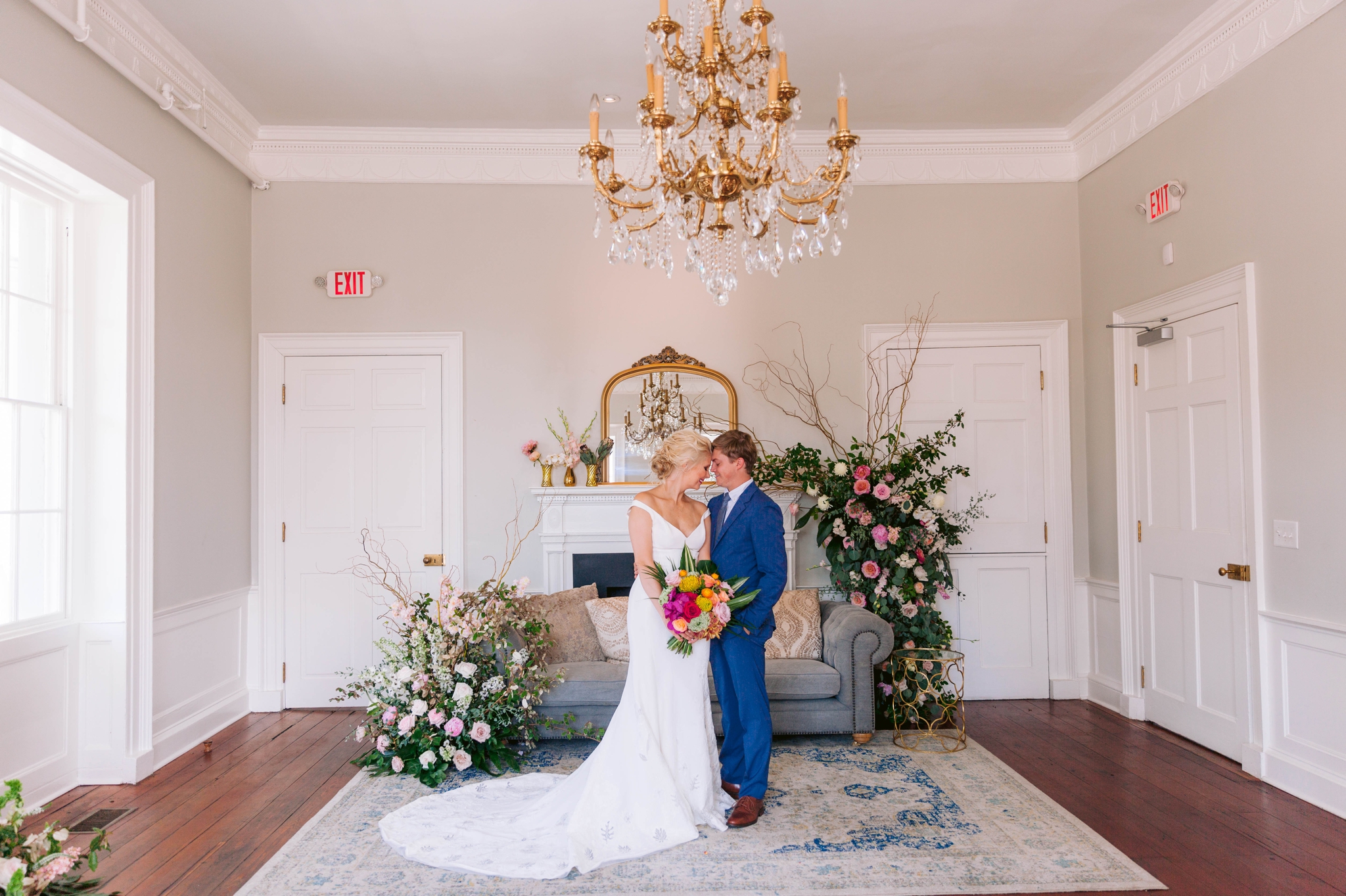 Fine Art High Fashion Indoor Bride and Groom Portrait - Navy, Green, Gold and Berry colored Tropical Wedding Inspiration for your Wedding in Hawaii! - Honolulu, Oahu, Hawaii Photographer - Fine Art Film Photography - Light and Airy