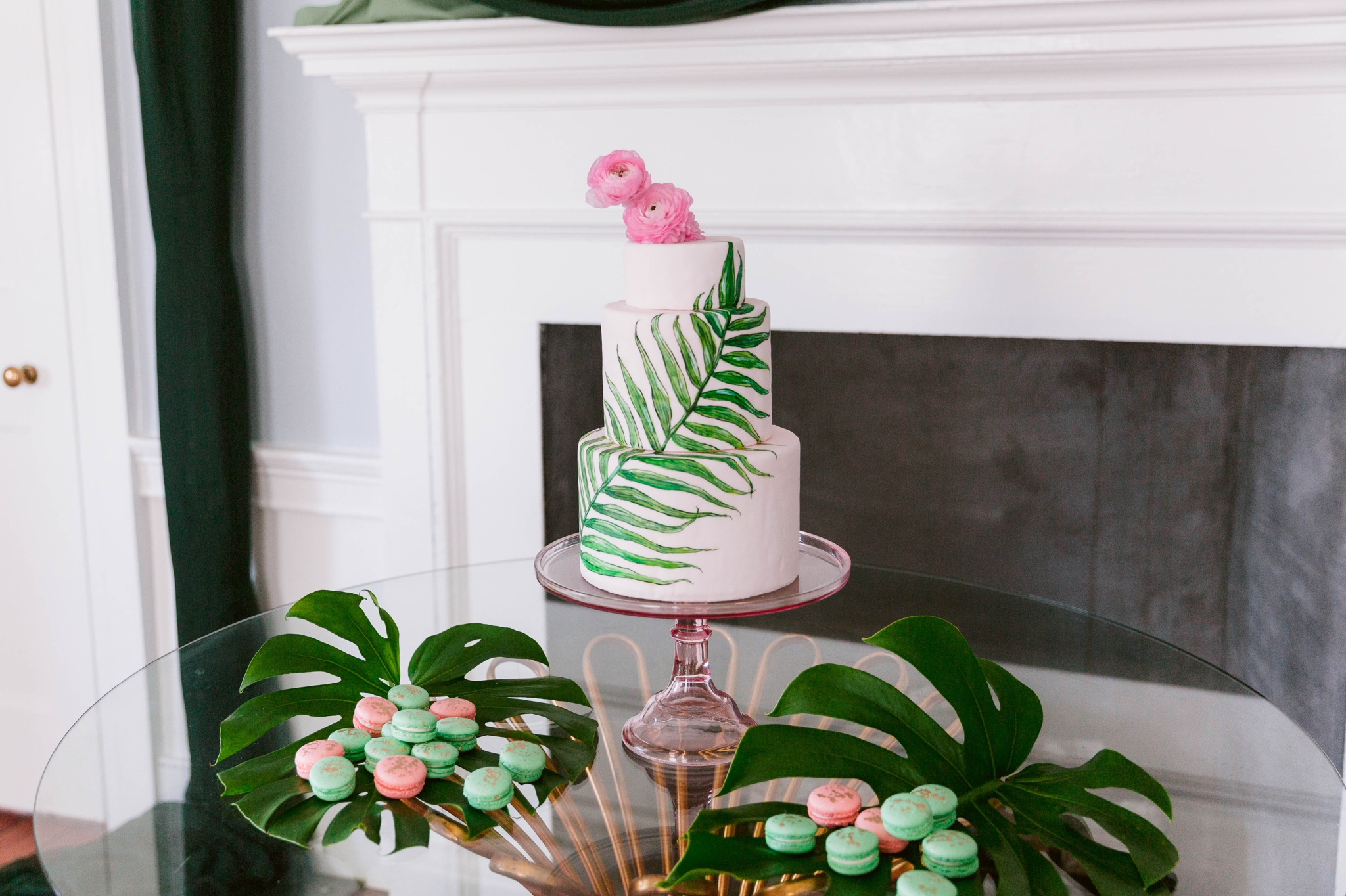 Tropical Wedding Cake and desert table with macarons - Navy, Green, Gold and Berry colored Tropical Wedding Inspiration for your Wedding in Hawaii! - Honolulu, Oahu, Hawaii Photographer - Fine Art Film Photography - Light and Airy