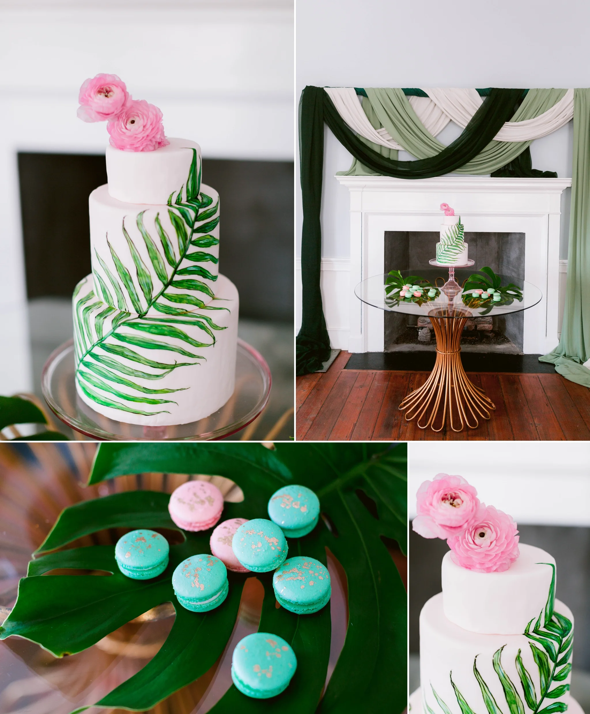 Tropical Wedding Cake and desert table with macarons - Navy, Green, Gold and Berry colored Tropical Wedding Inspiration for your Wedding in Hawaii! - Honolulu, Oahu, Hawaii Photographer - Fine Art Film Photography - Light and Airy