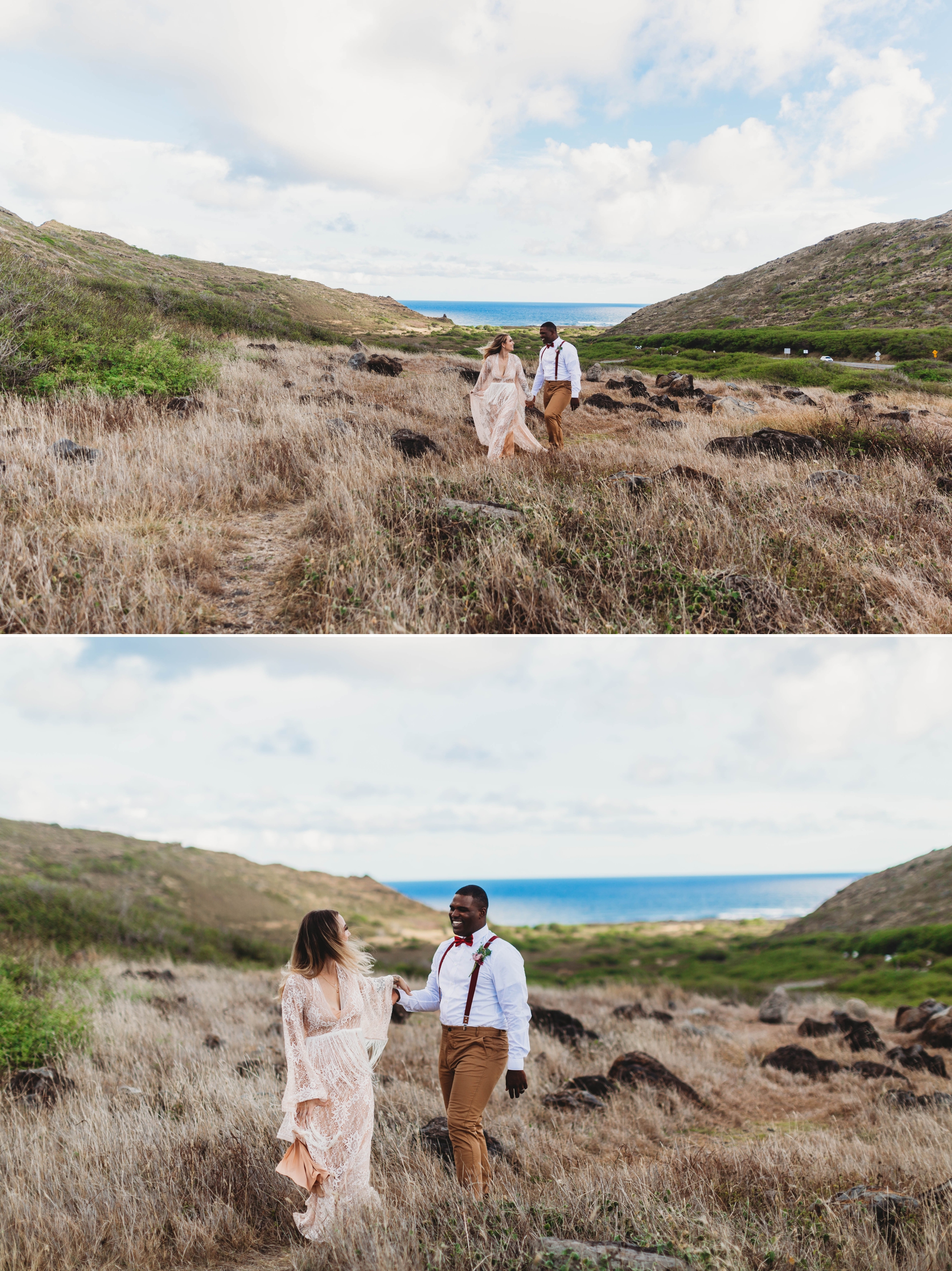  groom leading his bride down a grassy path - Elopement at Makapuu Lookout, Waimanalo, HI - Oahu Hawaii Engagement Photographer - Bride in a flowy fringe boho wedding dress - in grassy mountains with the ocean in the back - lanikai lookout - deutsche