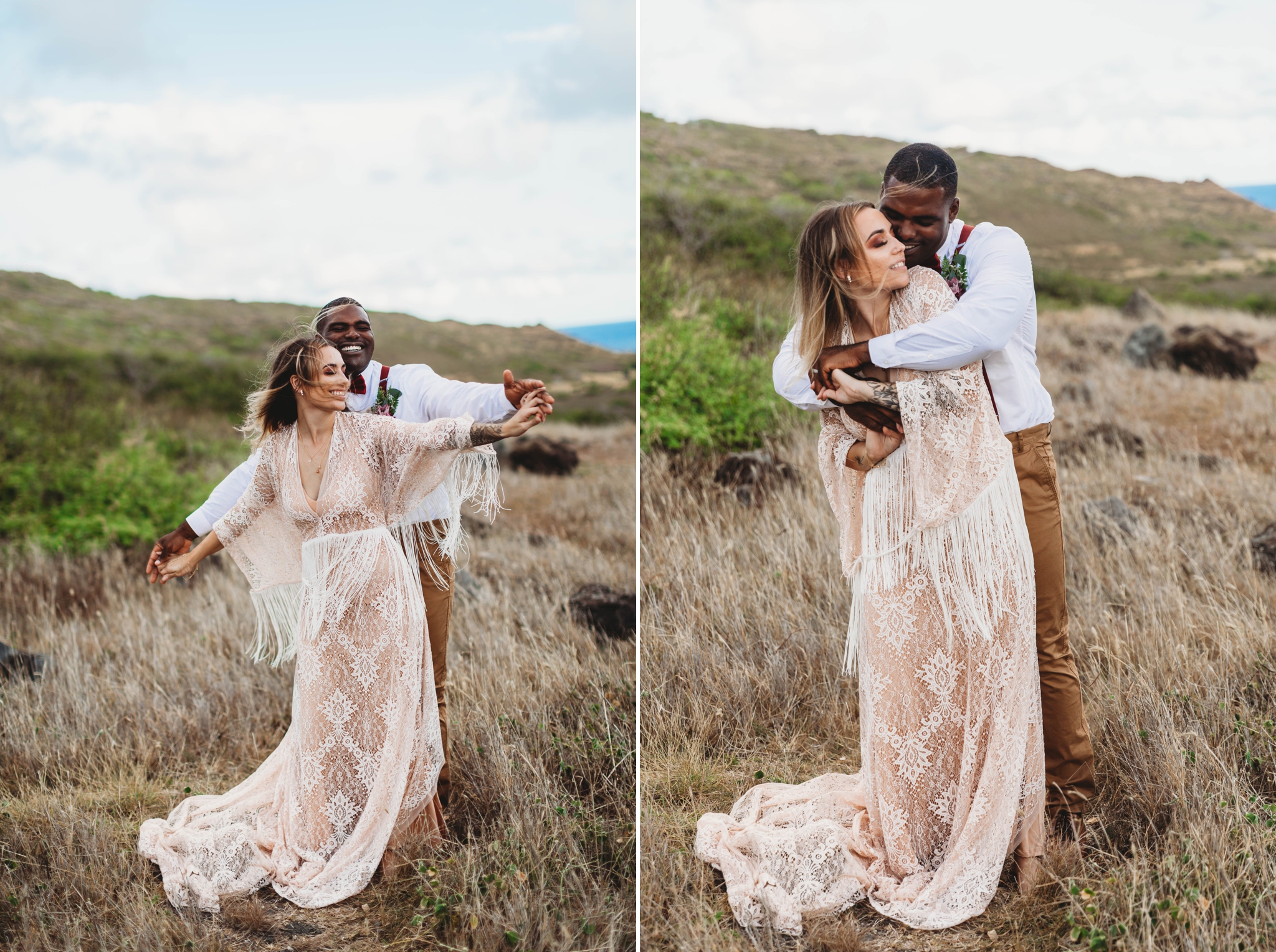  bride and groom hugging and flying around - Elopement at Makapuu Lookout, Waimanalo, HI - Oahu Hawaii Engagement Photographer - Bride in a flowy fringe boho wedding dress - in grassy mountains with the ocean in the back - lanikai lookout - deutsche 