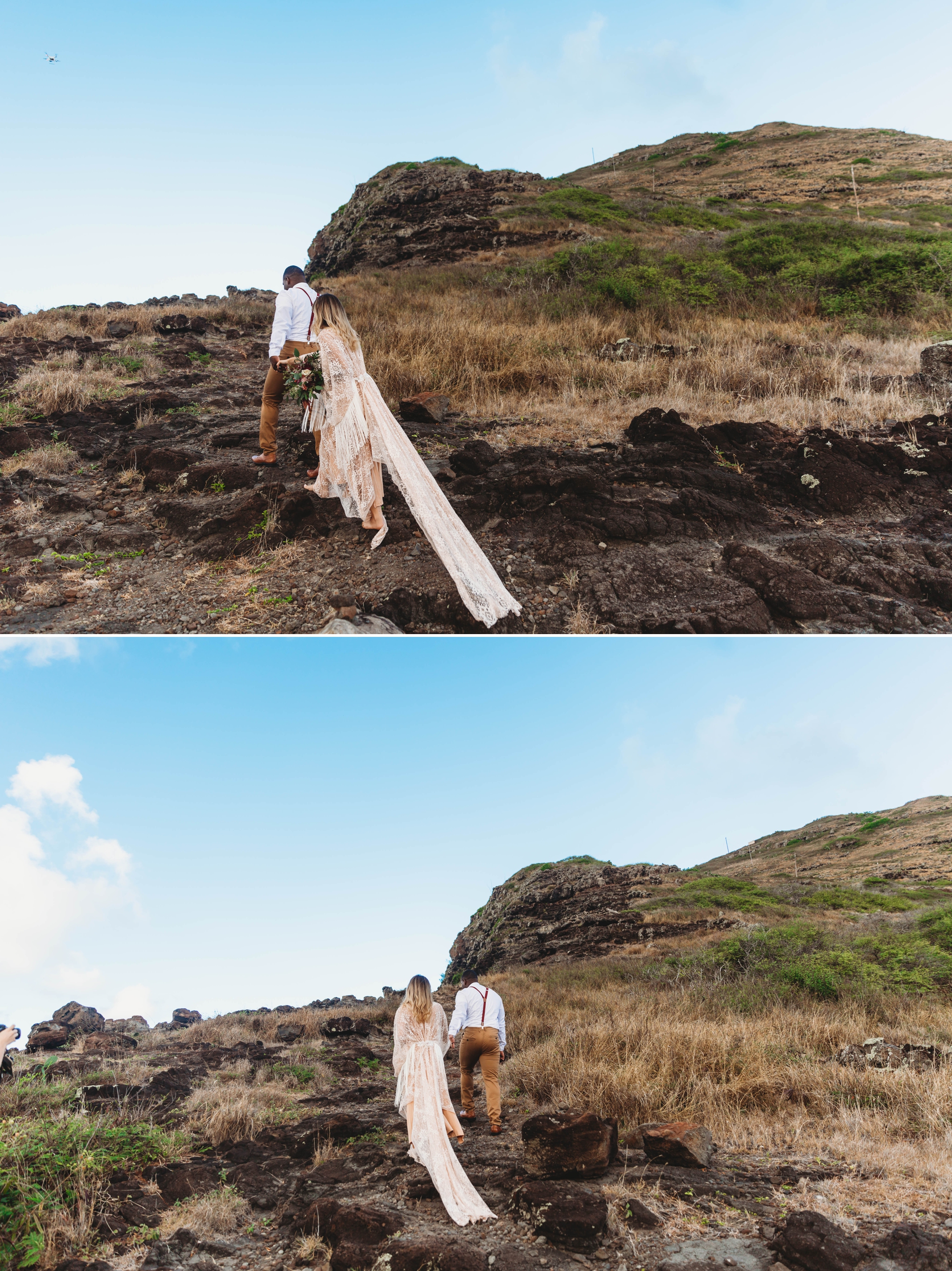  couple walking up the mountain - Elopement at Makapuu Lookout, Waimanalo, HI - Oahu Hawaii Engagement Photographer - Bride in a flowy fringe boho wedding dress - lanikai lookout - deutsche hochzeits fotografin in hawaii - smal1 - dark and moody - tr