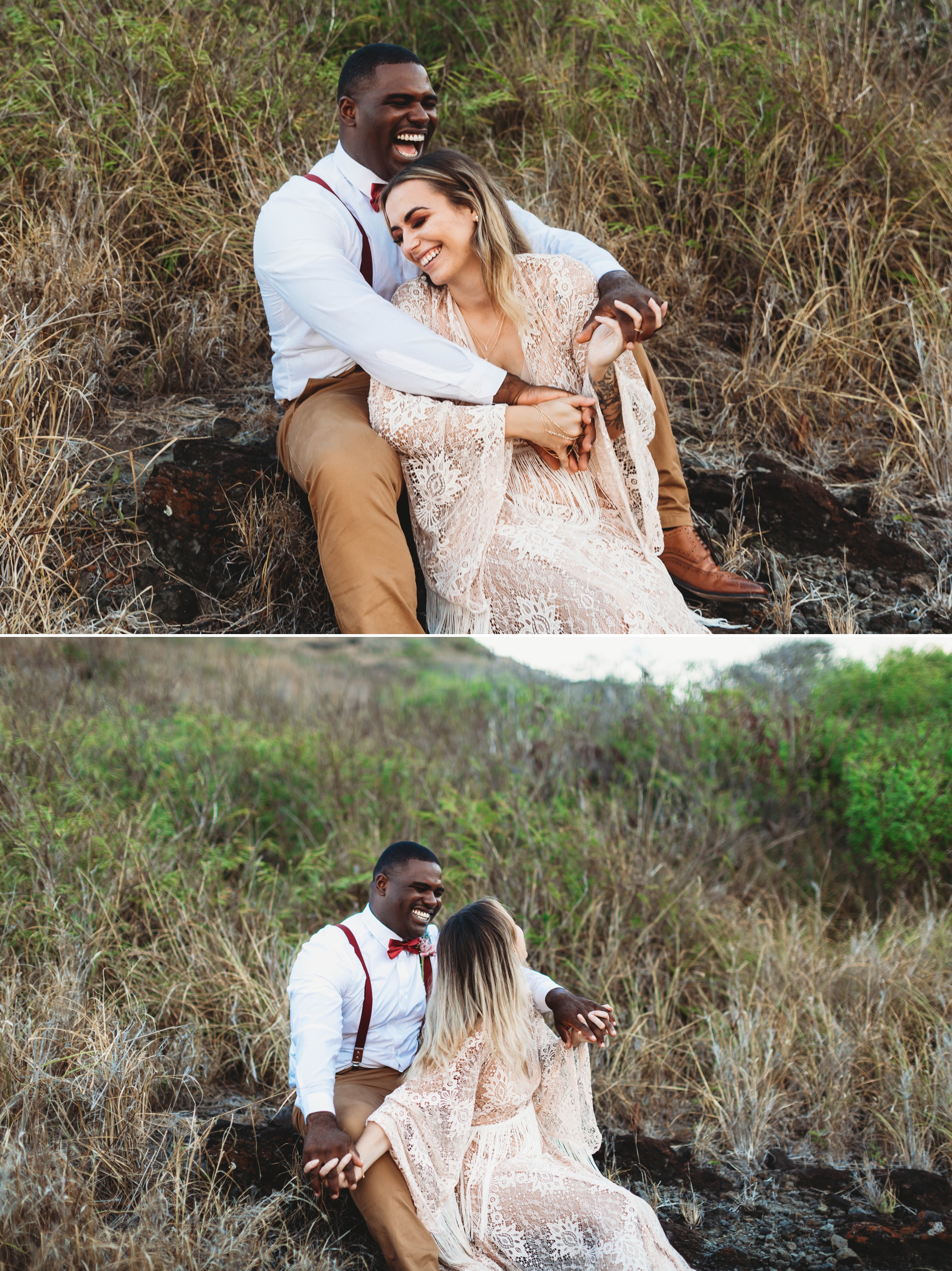  Boho bride and groom sitting in the grass - Bride in a flowy fringe boho wedding dress on the cliffs above - Makapuu Lookout, Waimanalo, HI looking over the ocean with the  Kāohikaipu Island in the background  - Oahu Hawaii Engagement Photographer -