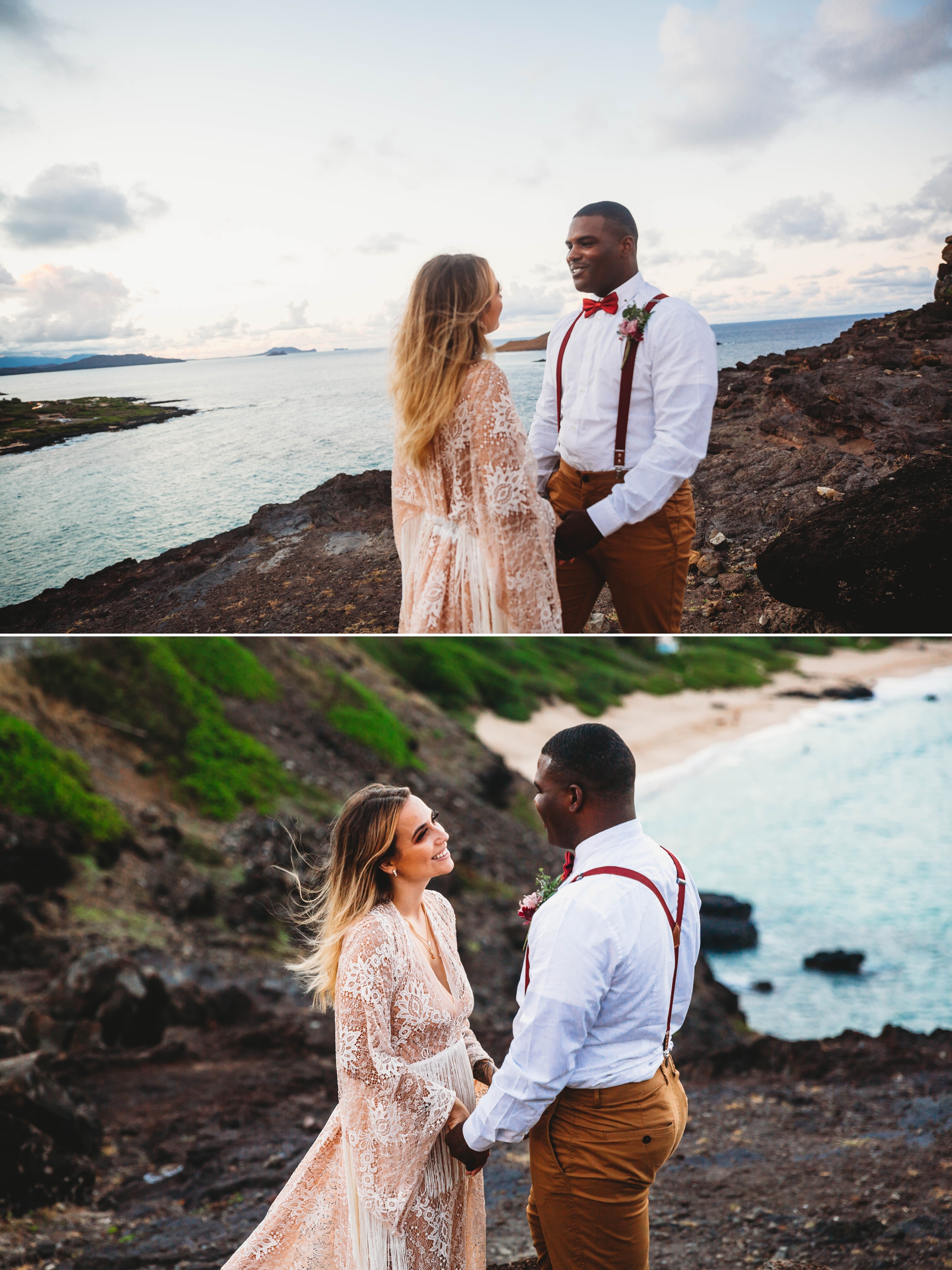  couple looking at each other during the vows - wedding ceremony at Makapuu Lookout overlooking the ocean and beach, Waimanalo, HI - Oahu Hawaii Engagement Photographer - Bride in a flowy fringe boho wedding dress - lanikai lookout - deutsche hochzei