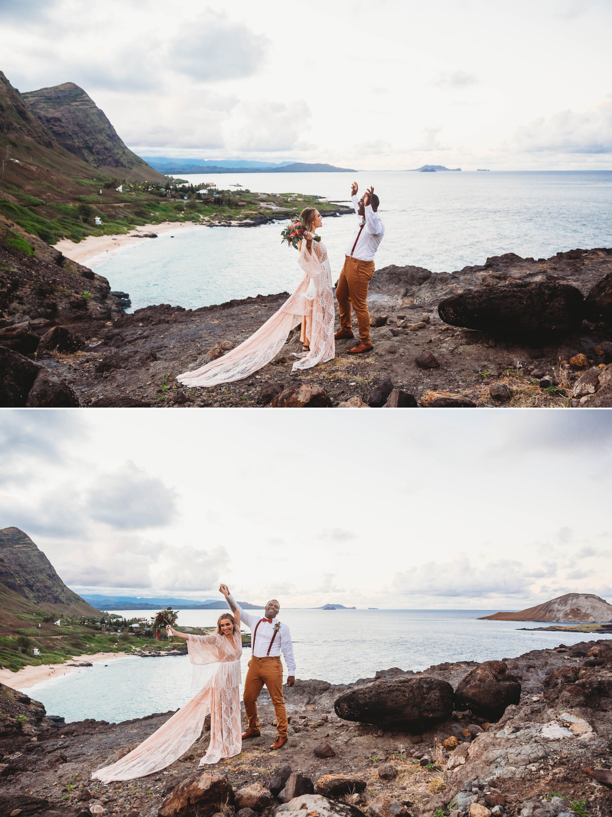  couple cheering after they got married - wedding ceremony at Makapuu Lookout overlooking the ocean and beach, Waimanalo, HI - Oahu Hawaii Engagement Photographer - Bride in a flowy fringe boho wedding dress - lanikai lookout - deutsche hochzeits fot