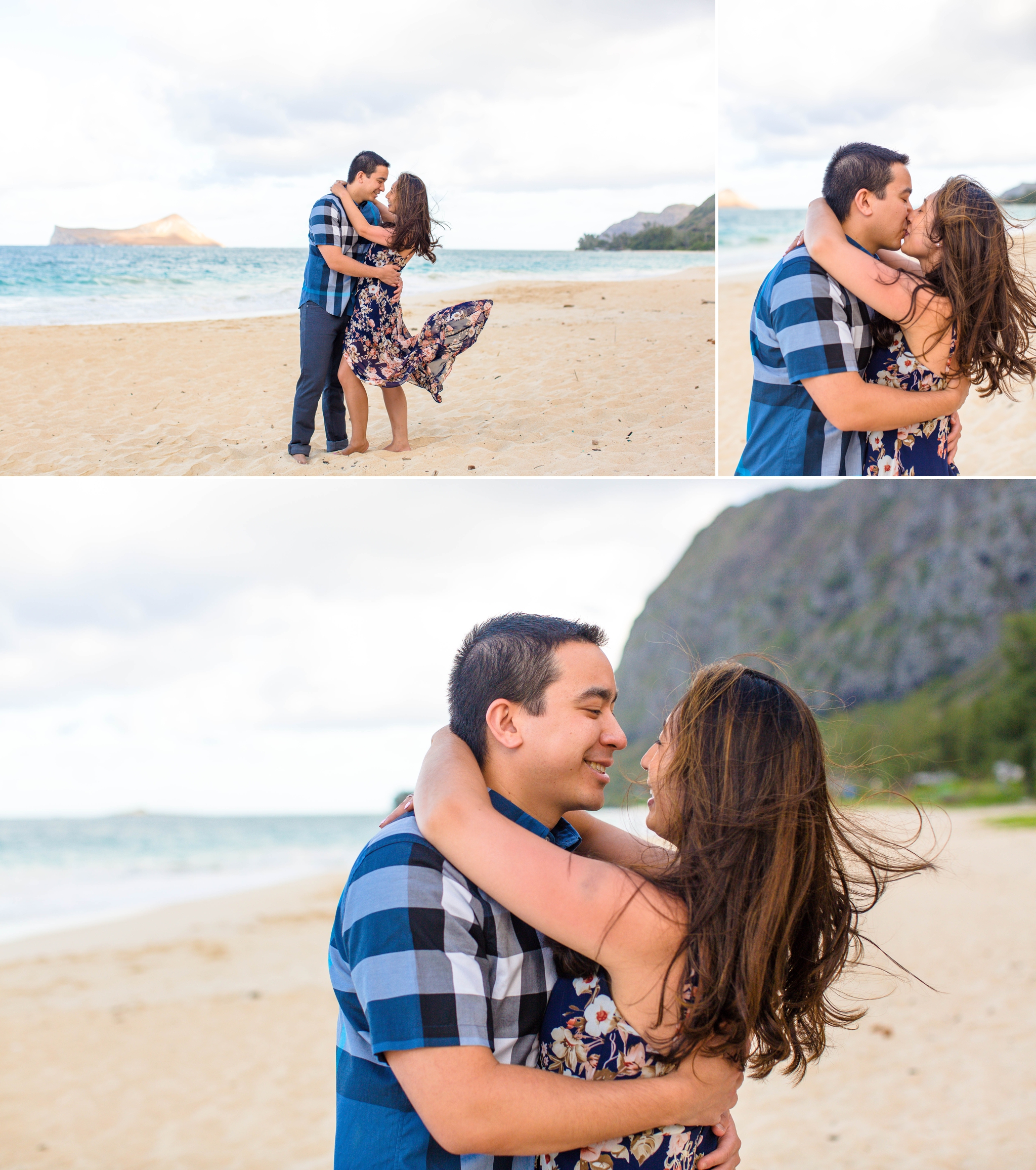 couple standing on the beach looking at each other at Waimanalo Beach with the mountains and clear blue ocean in the back ground - Oahu Hawaii Engagement Photographer