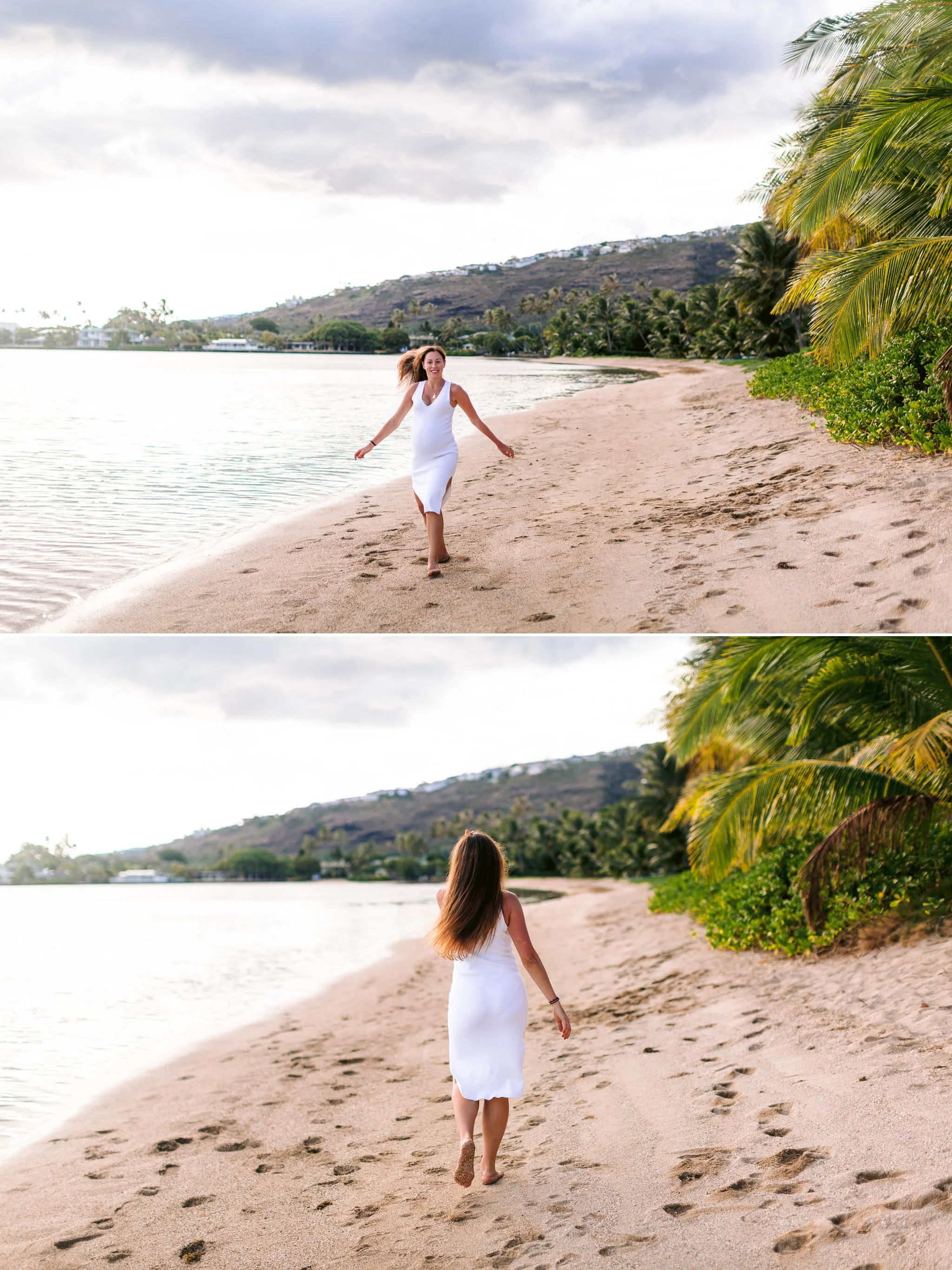 White sandy Beach Maternity Photography Session with Palm Trees - Hawaii Kai Family Photographer
