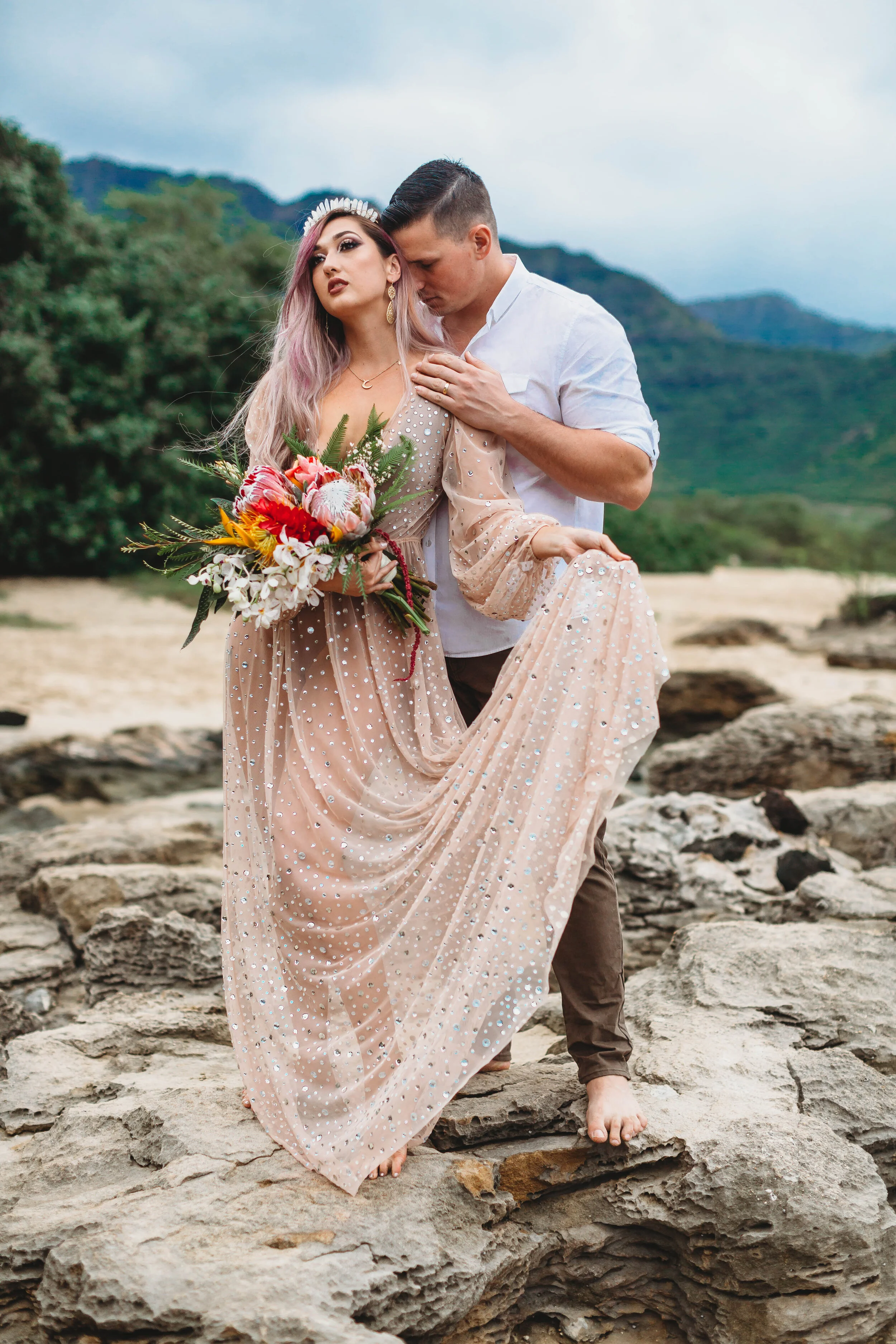Boho Beach Elopement at Makua Beach, Oahu - Kapolei Engagement Photographer