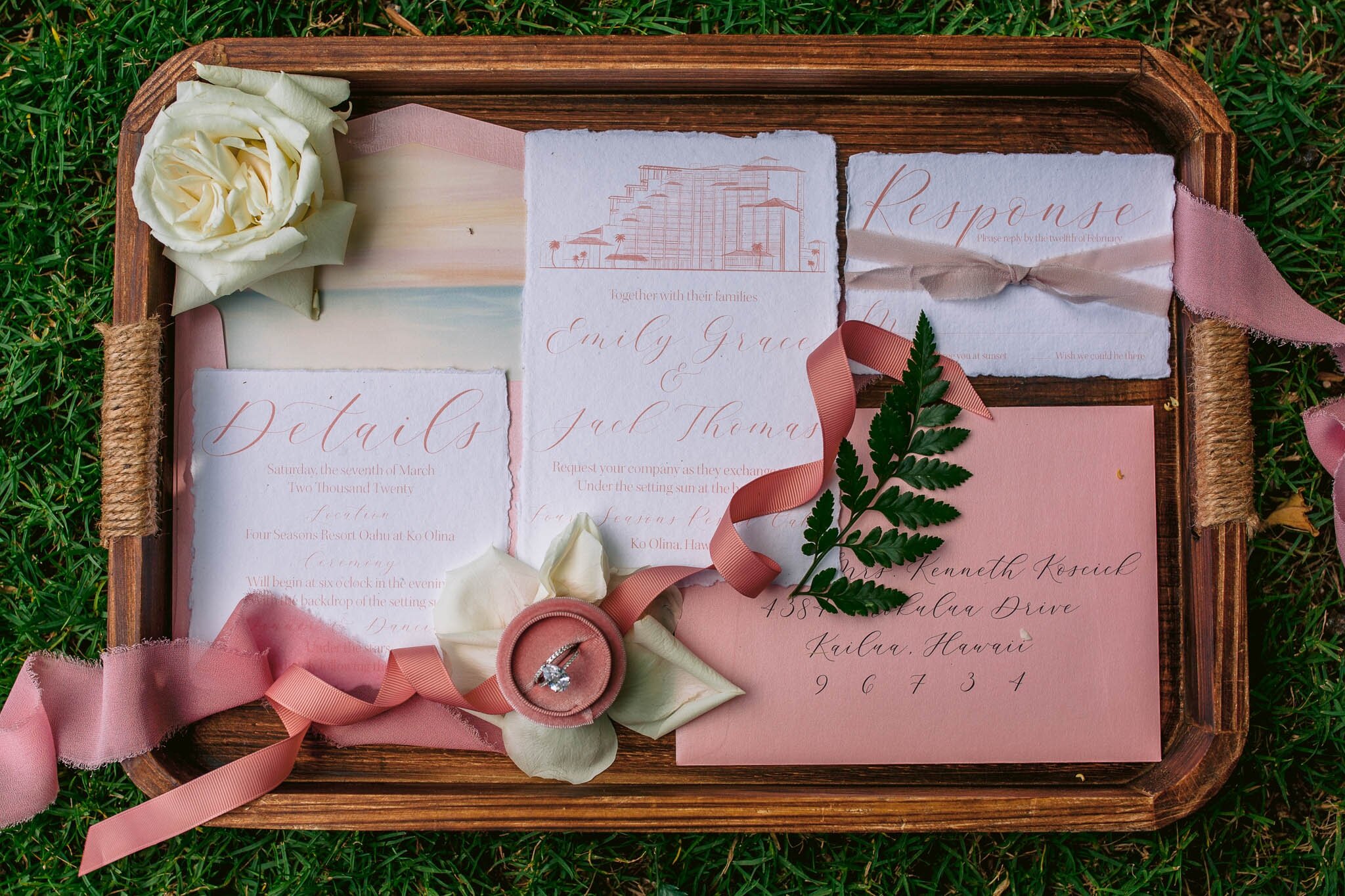 Pink and Blush Wedding Invitation -  Four Seasons Oahu at Ko Olina Wedding Inspiration - Kapolei, Hawaii Photographer 