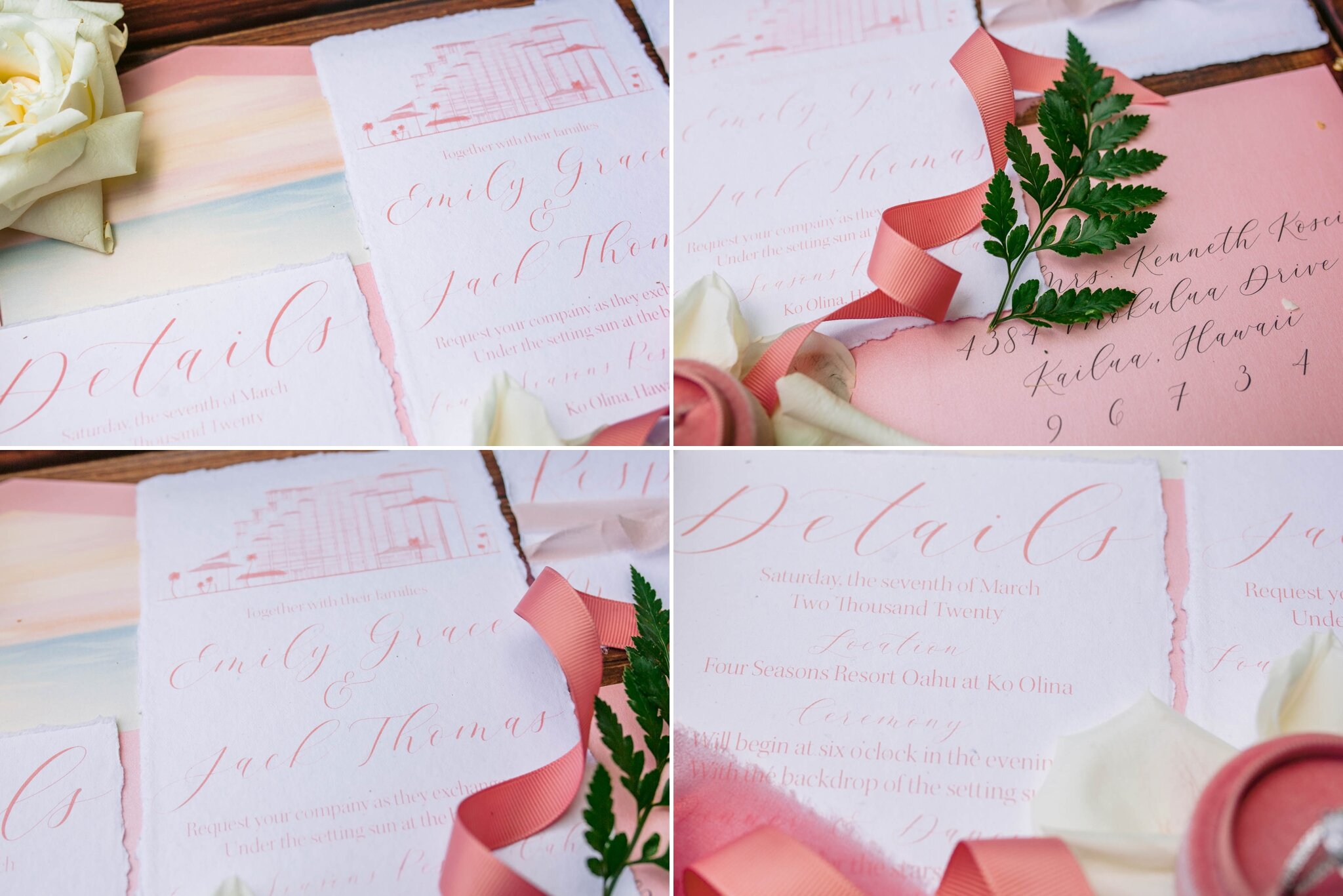 Pink and Blush Wedding Invitation - Engagement Ring - Details -  Four Seasons Oahu at Ko Olina Wedding Inspiration - Kapolei, Hawaii Photographer 