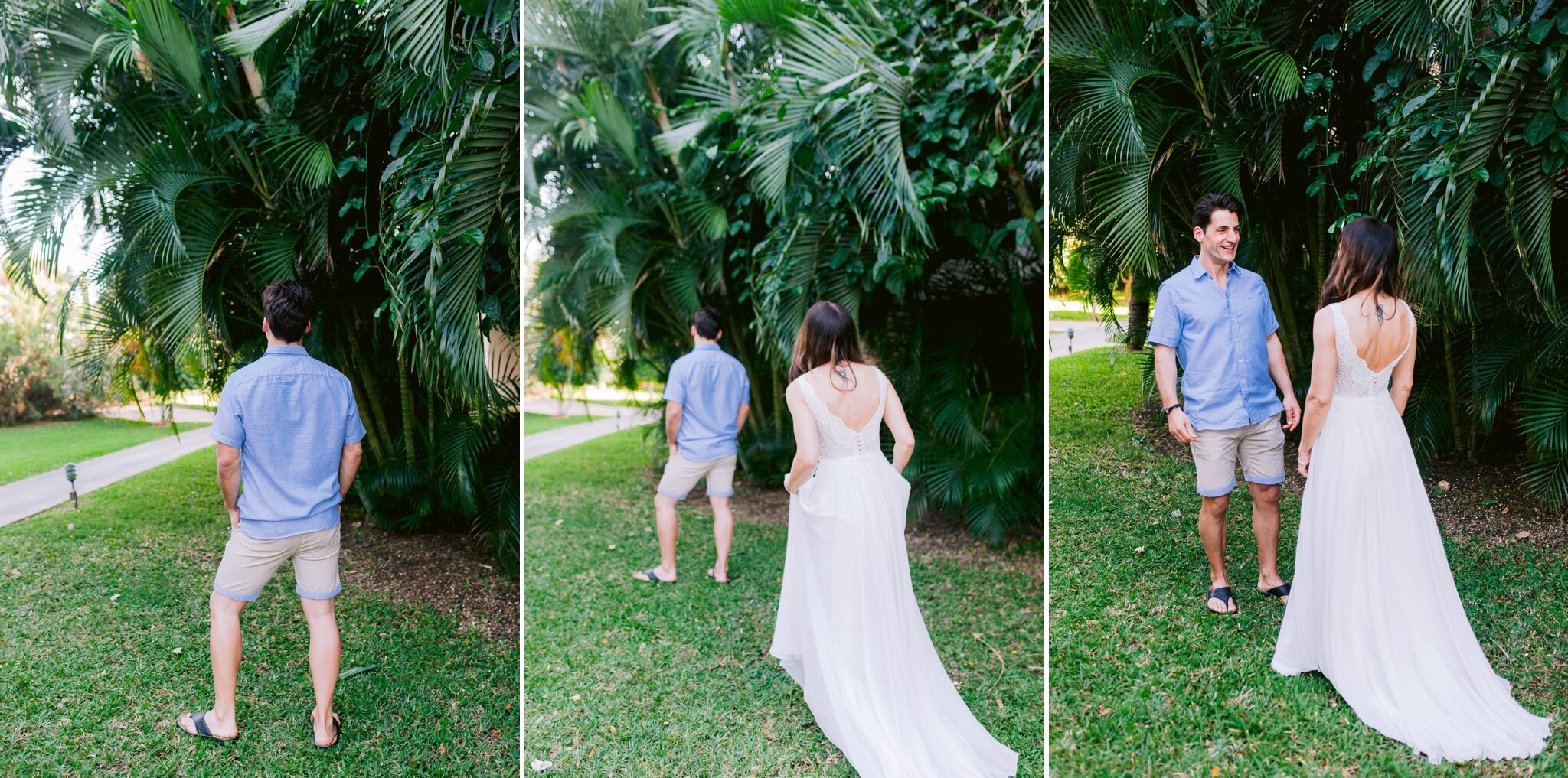 First look between bride and groom  at the Aston Maui Banyan for their Elopement at Secret Cove Beach - Maui Wedding Photographer