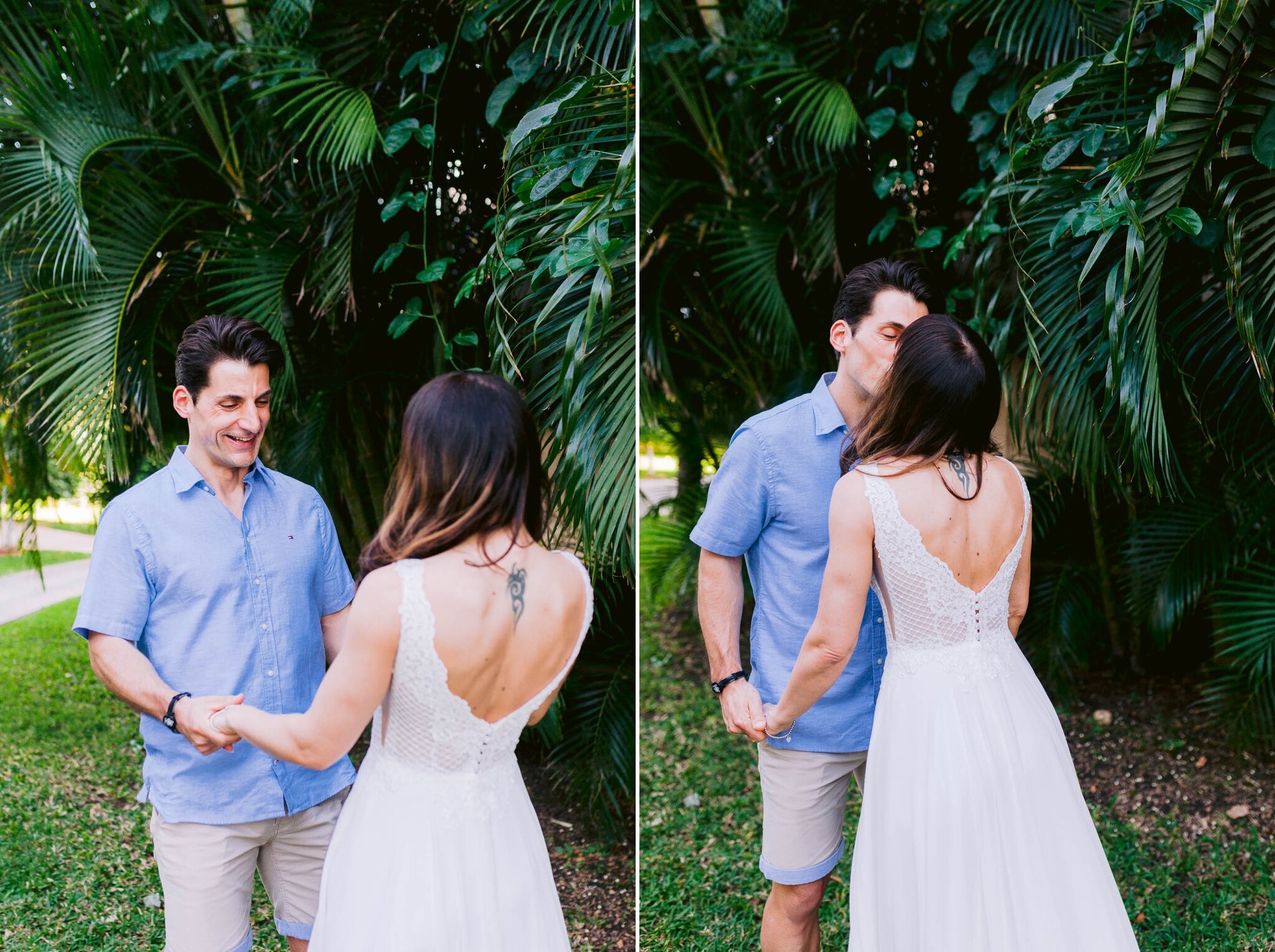 First look between bride and groom  at the Aston Maui Banyan for their Elopement at Secret Cove Beach - Maui Wedding Photographer