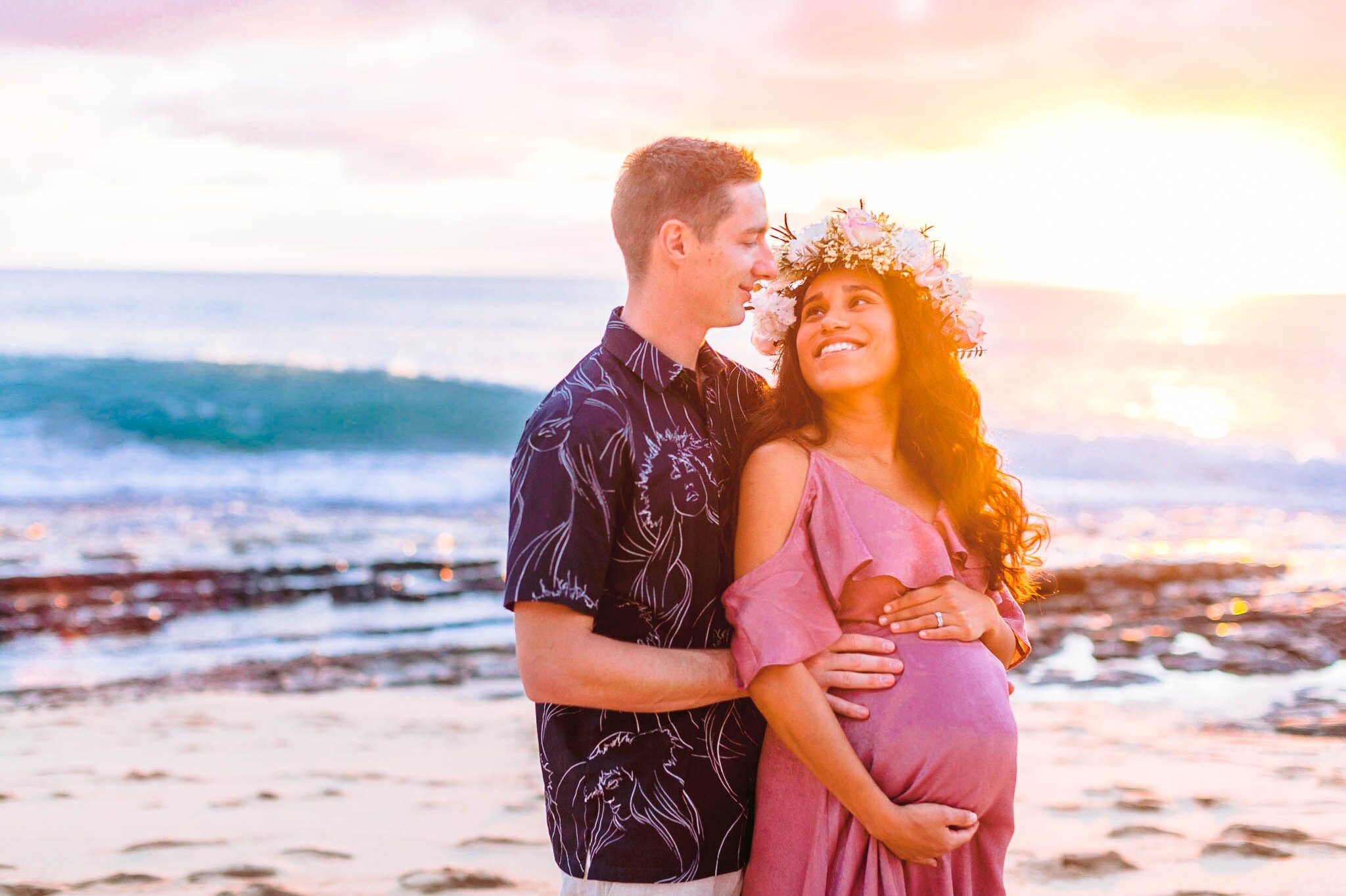 Sunset Maternity Photography Session at Maili Beach Park, Oahu West Side - Hawaii Family Photographer