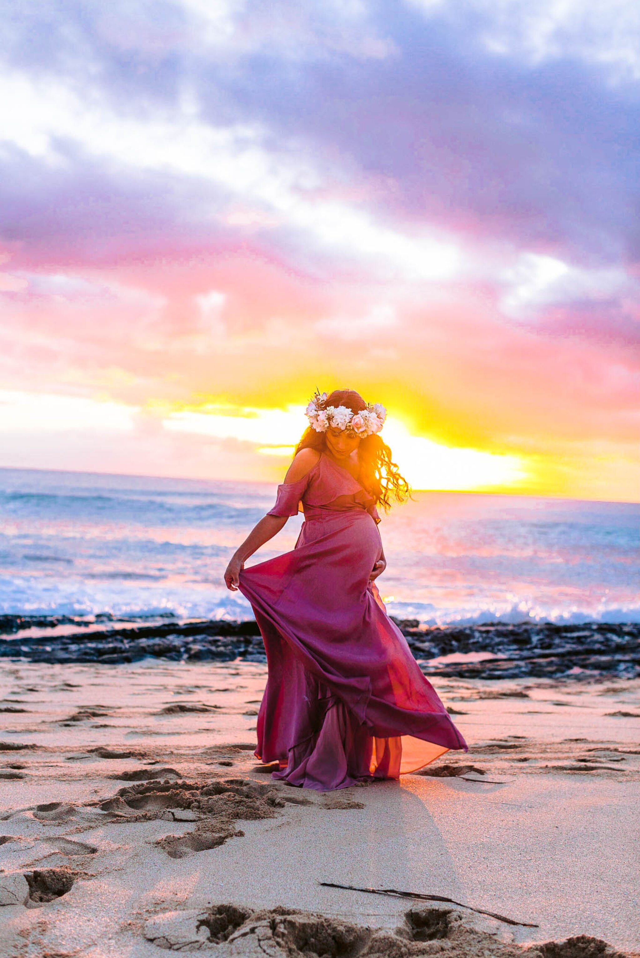 Sunset Maternity Photography Session at Maili Beach Park, Oahu West Side - Hawaii Family Photographer