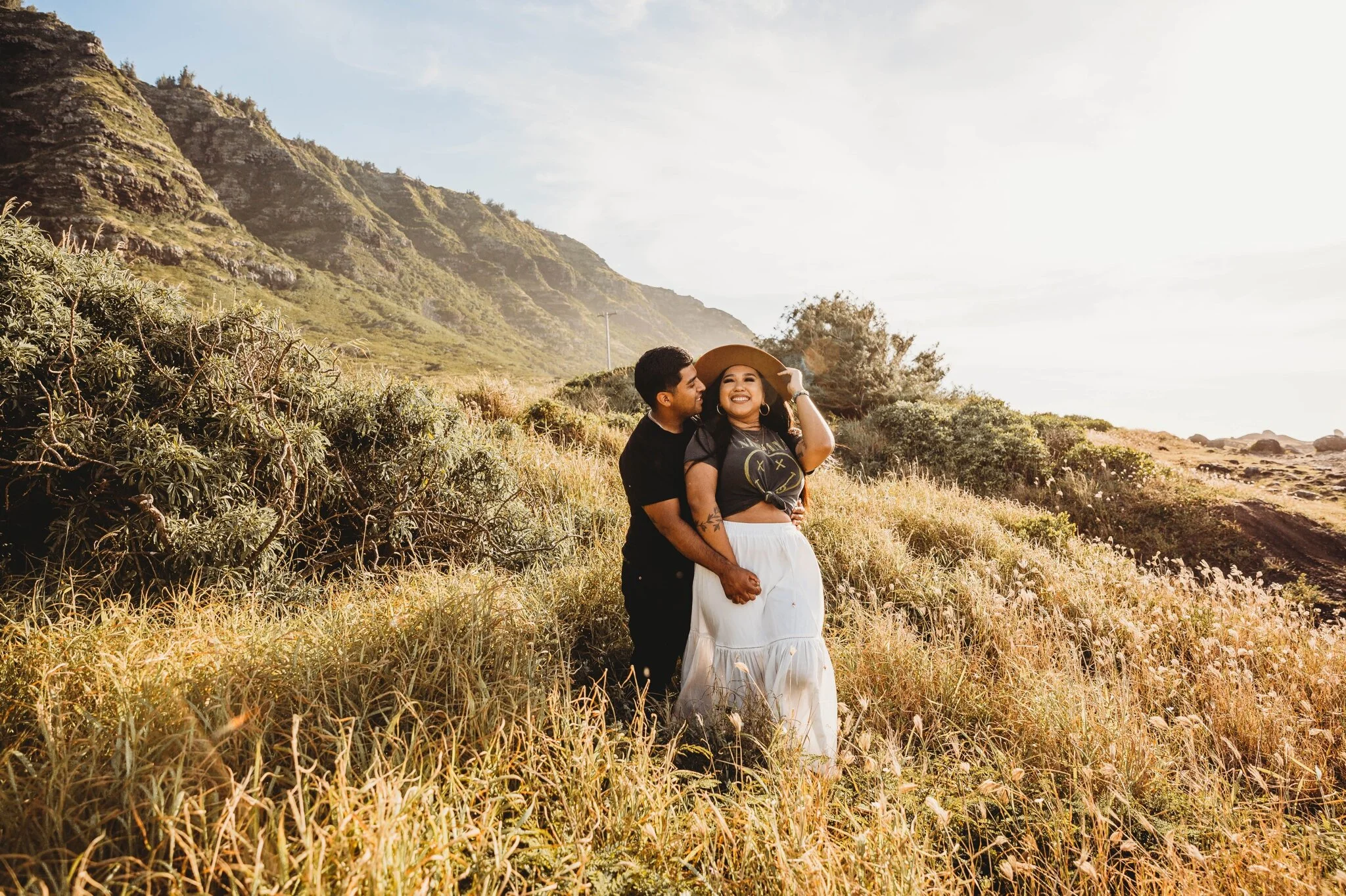Sunset Boho Couples Session at Kaena Point - Oahu Hawaii Engagement Photographer