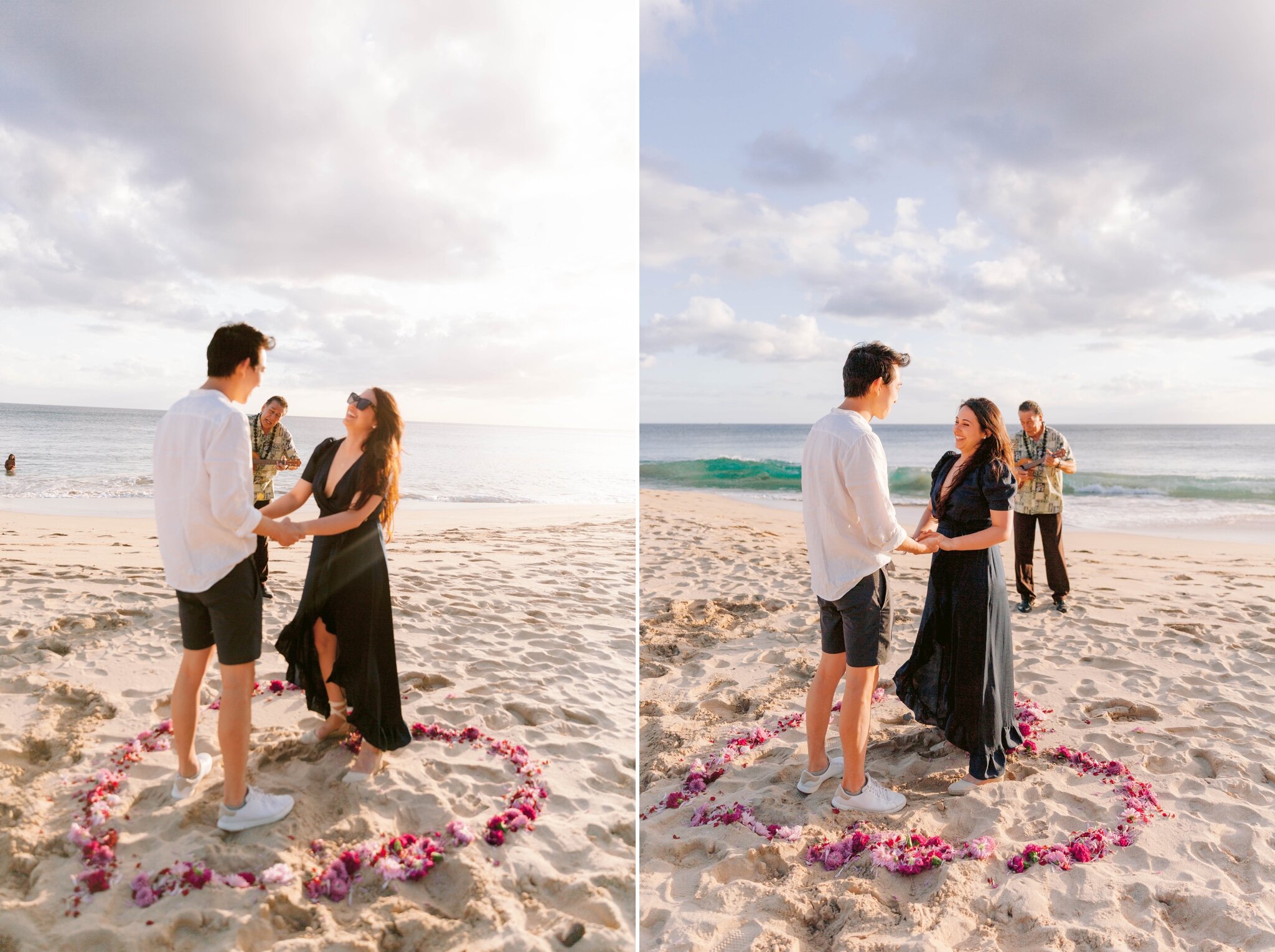 Sunset Proposal at Makua Beach with Ukulele Player - Oahu Engagement Photographer 