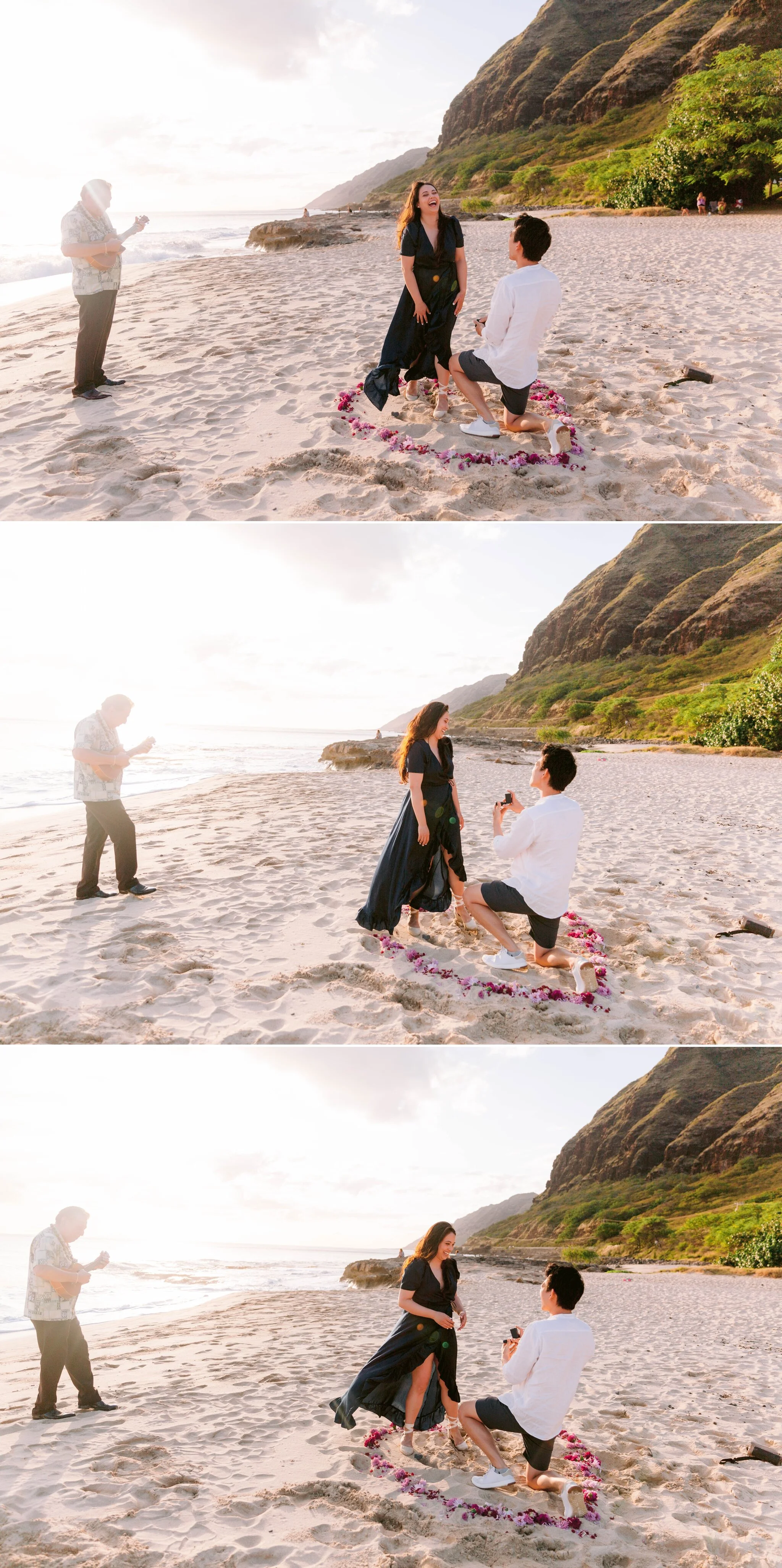 Sunset Proposal at Makua Beach with Ukulele Player - Oahu Engagement Photographer 