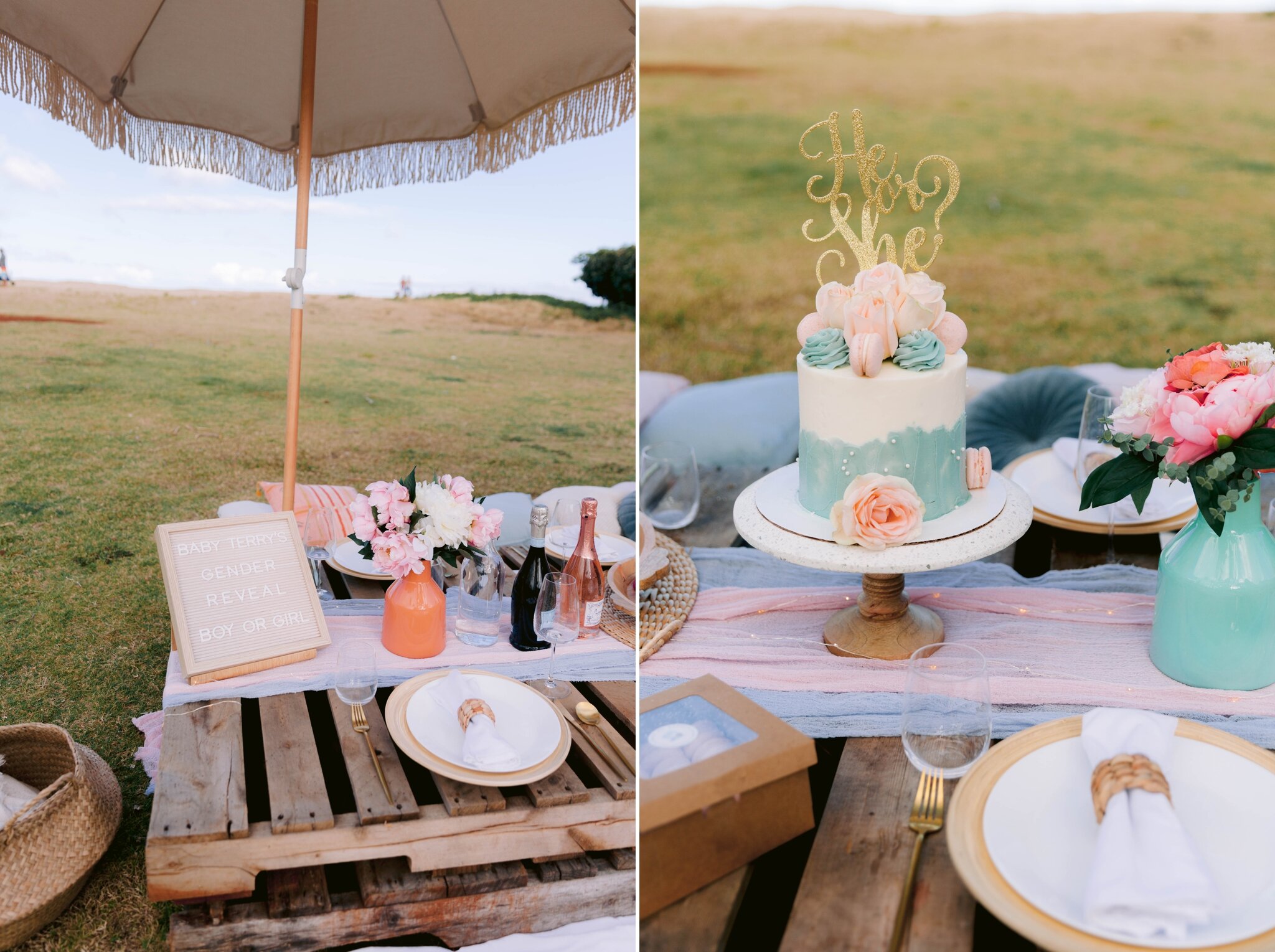 Gender Reveal Party with Luxury Picnic at Waialae Beach Park - Oahu Maternity Photographer