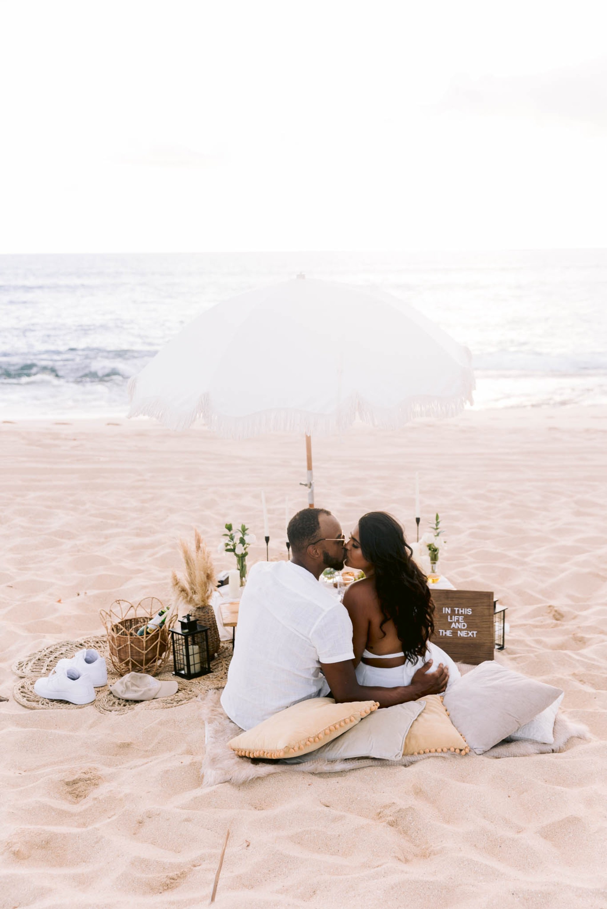 Romantic Oahu Date Night Idea - Sunset Picnic at the Beach - Honolulu Engagement Photographer