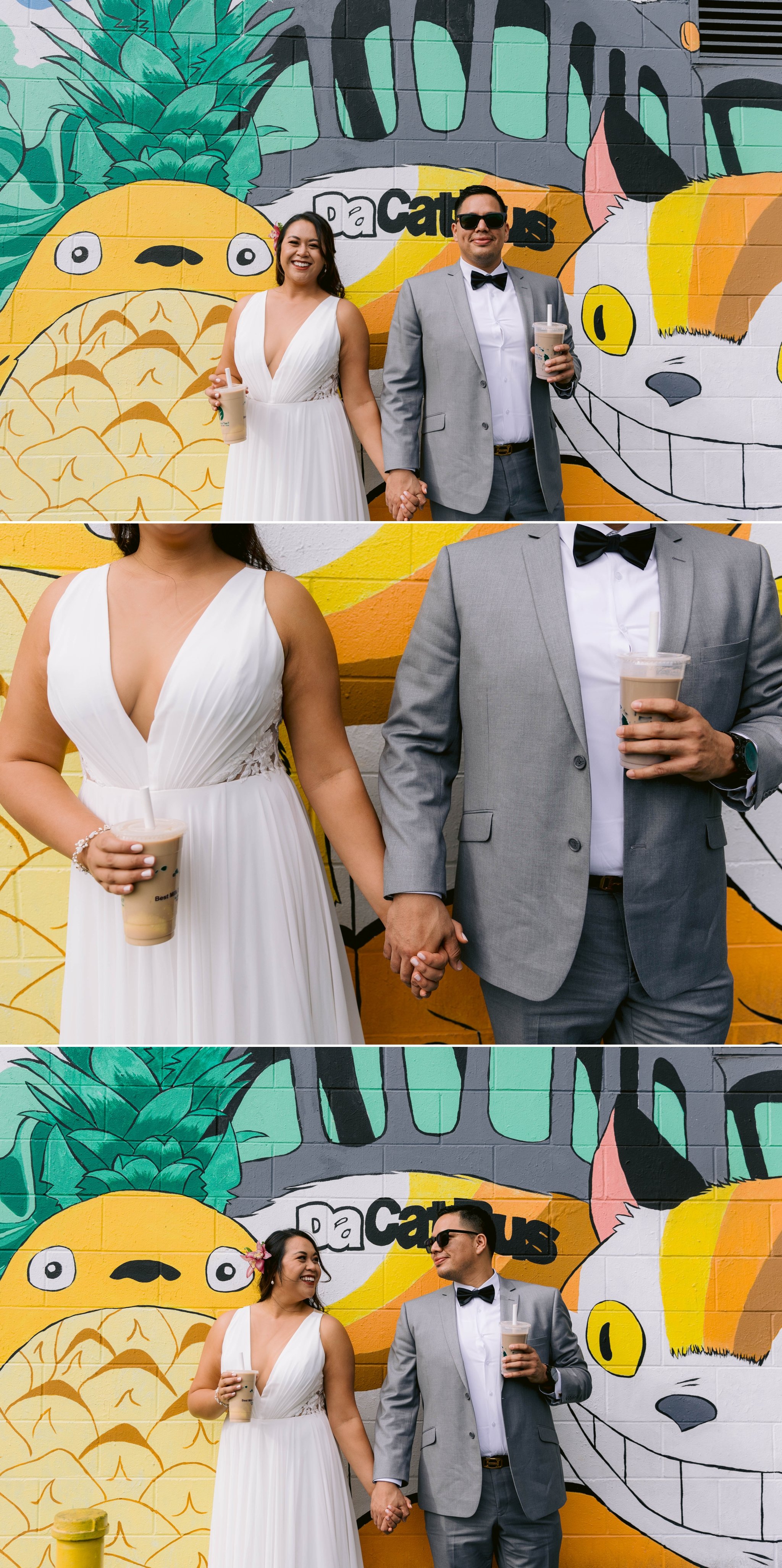 Wedding Photos at the Murals In Kakaako with Boba Tea - Fun Adventure Elopement in Oahu - Hawaii Wedding Photographer