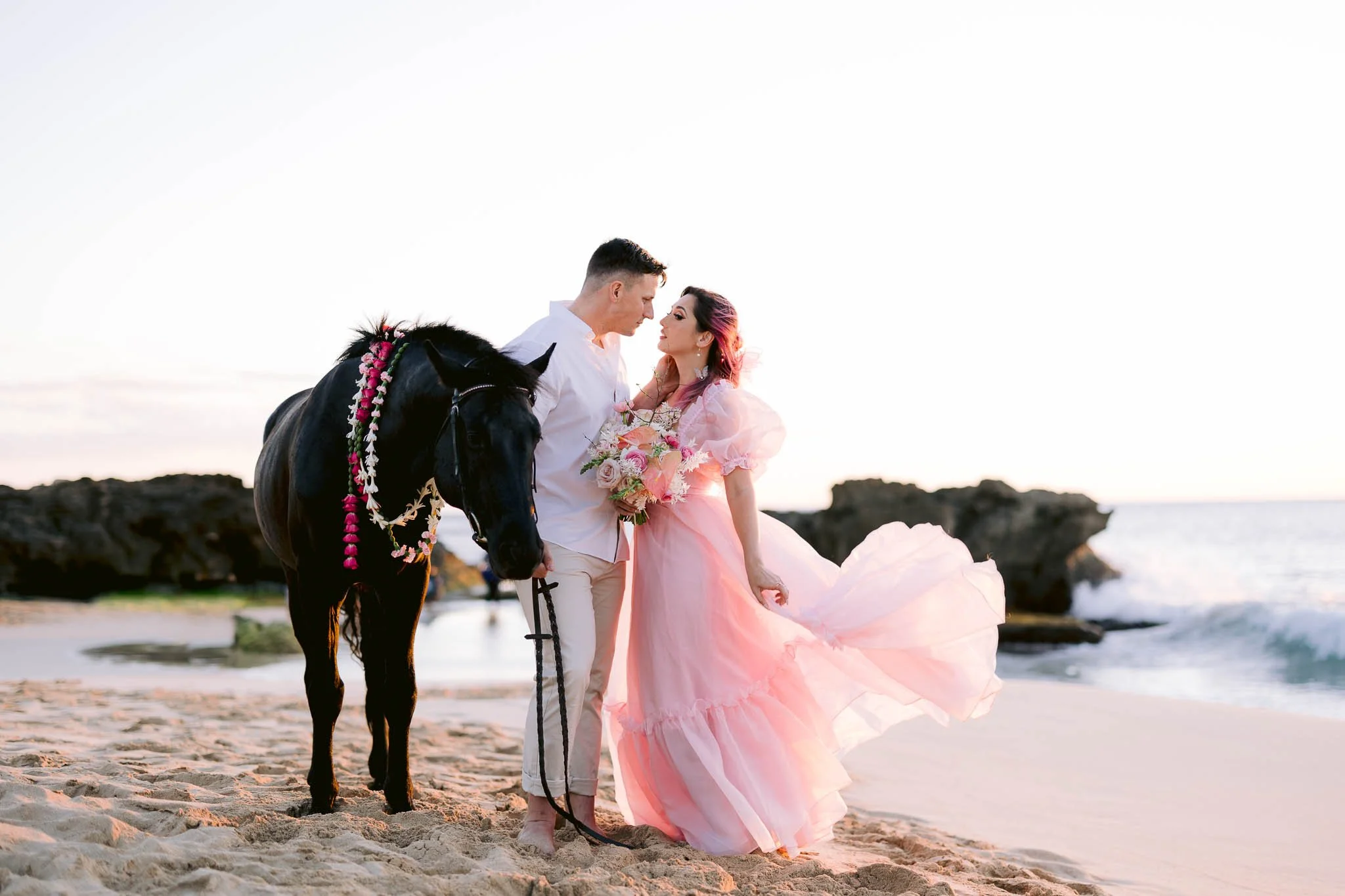 Romantic Couples Photography Session at Makua Beach with a Horse - Oahu Engagement Photographer