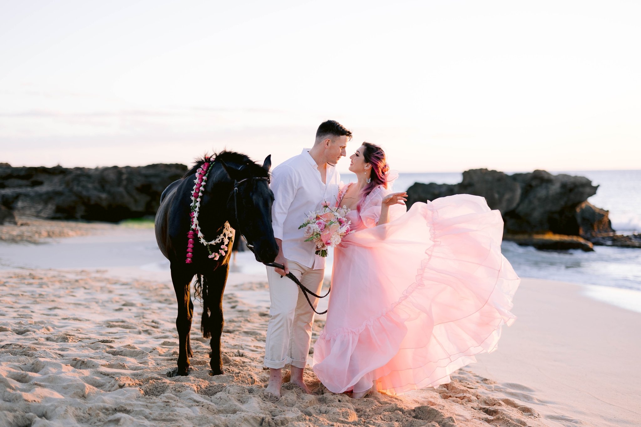 Romantic Engagement Session with a Horse and Selkie Dress - Oahu Hawaii Wedding Photographer