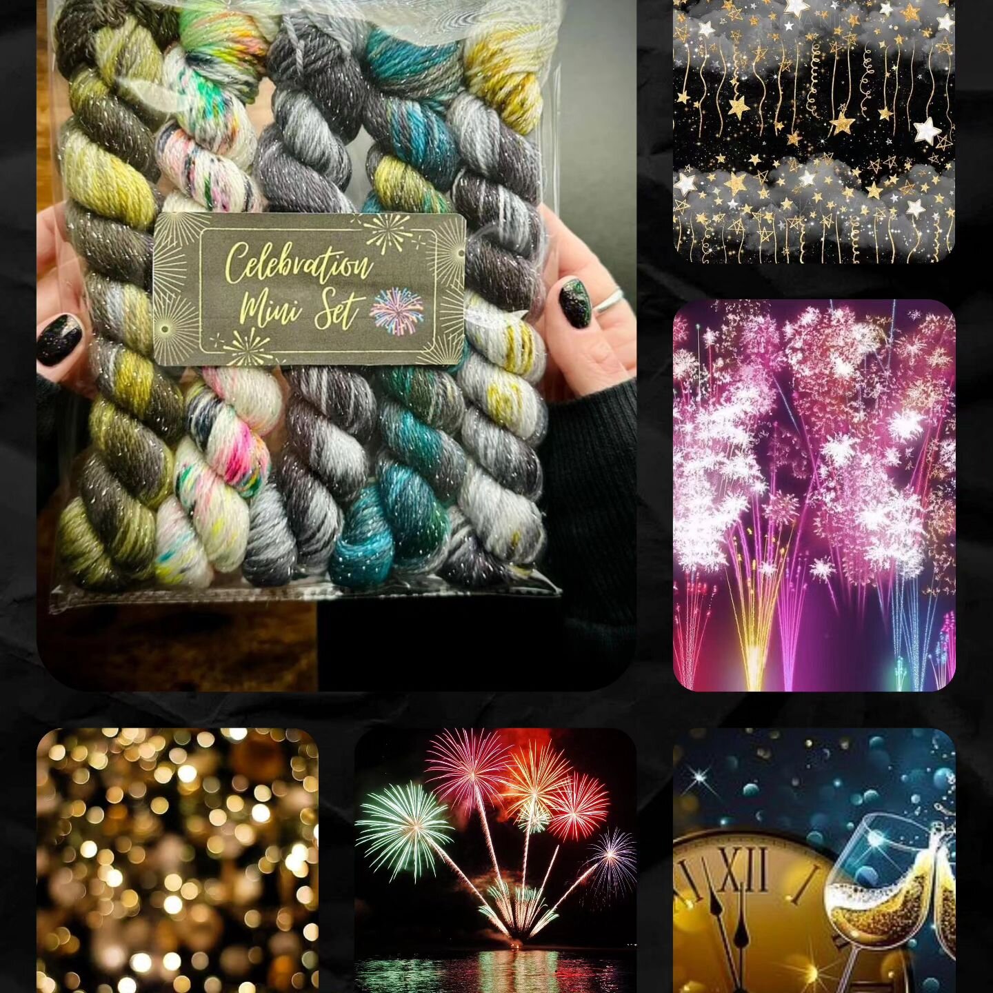 They are here!!! The Celebration DK Mini Skein Set from #rebelyarnco . Each mini skein is inspired by one of the pictures shown here. What a fabulous treat to start the New Year with....and the yarn is sparkly. So come by the shop. The sets are exclu