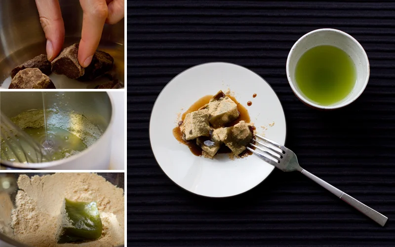 This dessert mochi is made from potato starch and rolled in kinako, a powder made from grinding roasted soybeans. The dark kuromitsu sauce is a simple syrup made of black sugar.