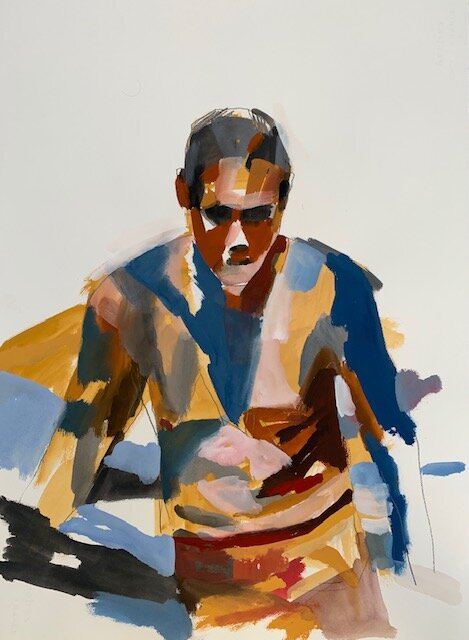   Man leaving,   2019, mixed media on arches paper, 76 x 56 cm. 