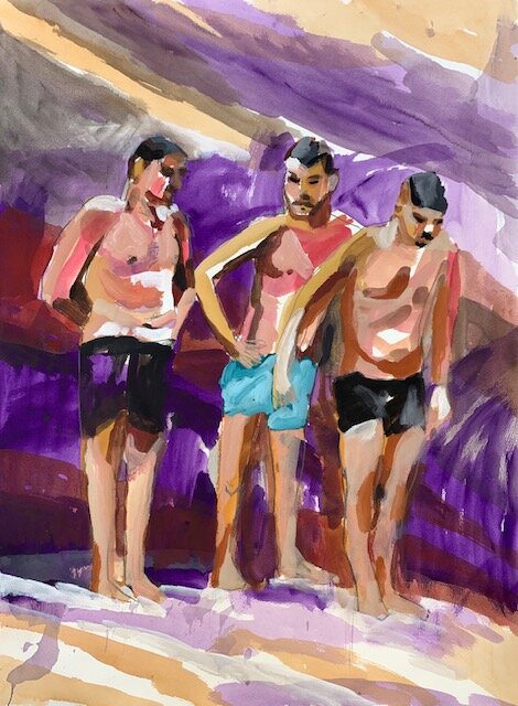    Three men,   2019, mixed media on arches paper, 76 x 56 cm. 