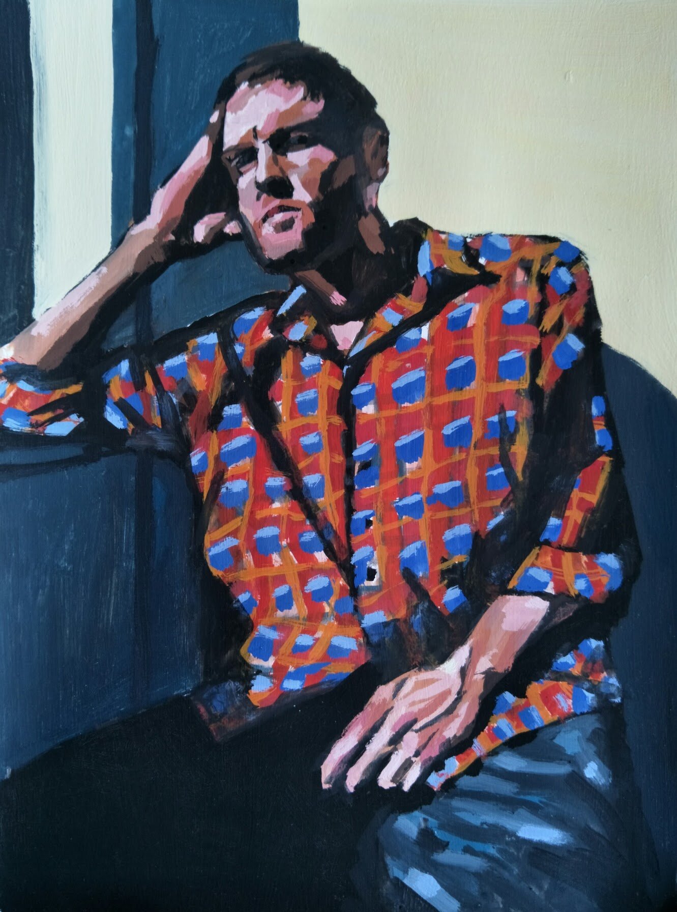 Man in red shirt, 2018, gouache on arches paper, 32 x 24 cm.