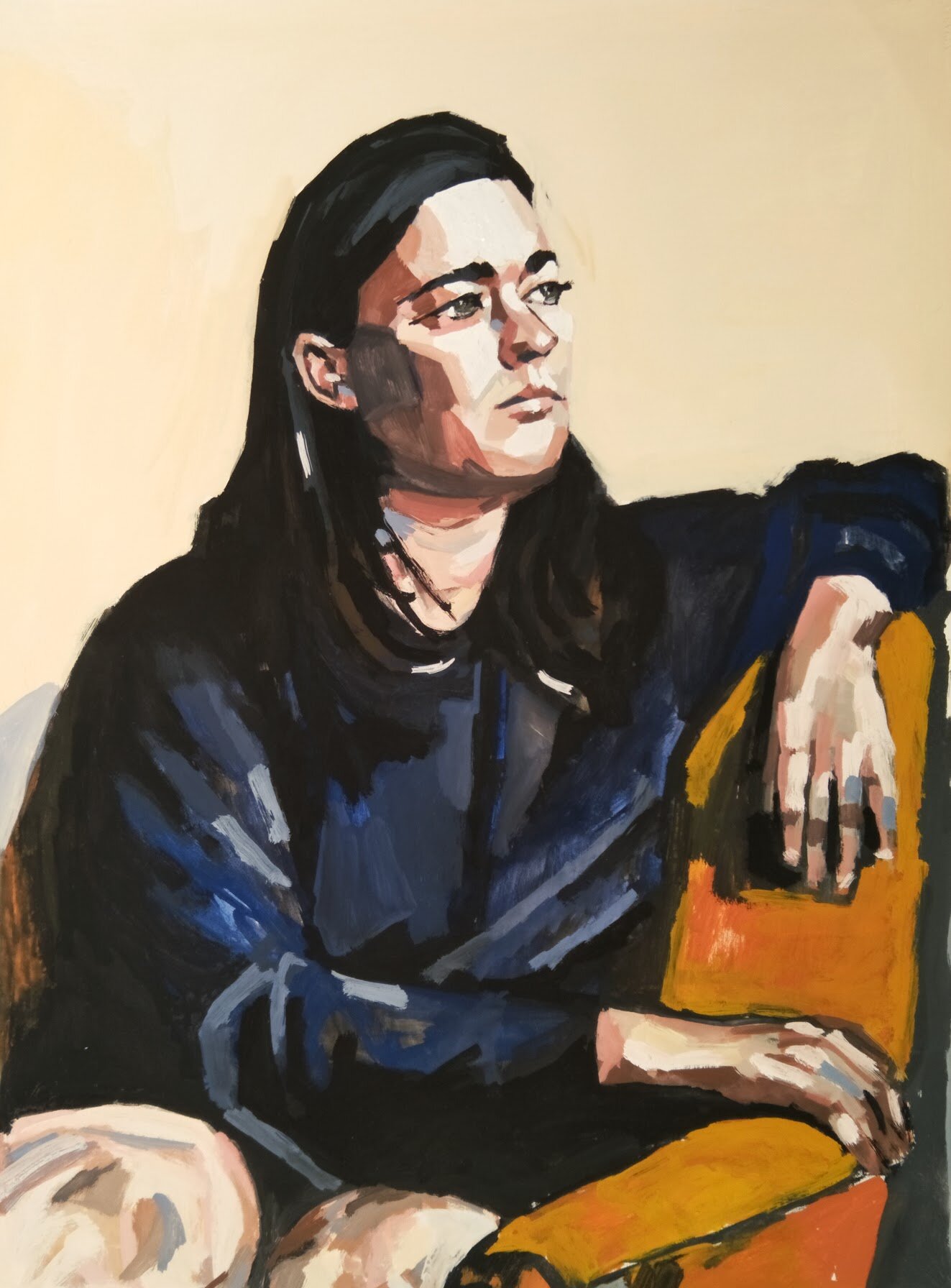 Woman in chair, 2018, gouache on arches paper, 79 x 59 cm.