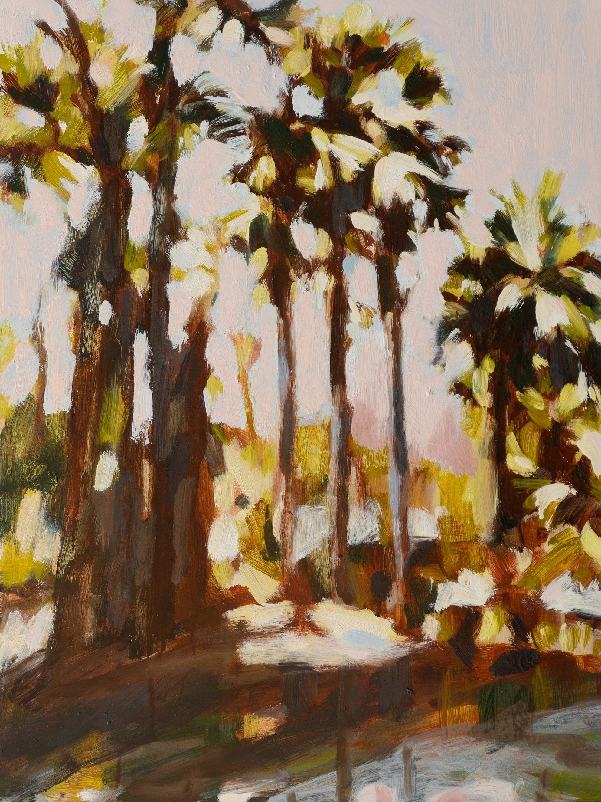 Riverside palms no.2, (unframed size) 65.5 x 40.5 cm, oil on board framed, 2021.