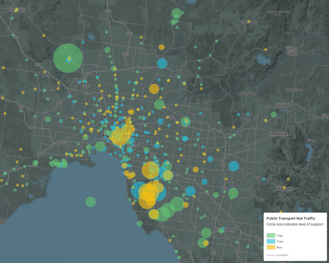 Demand for public transport improvements collected via CrowdSpot as part of the Public Transport Not Traffic campaign