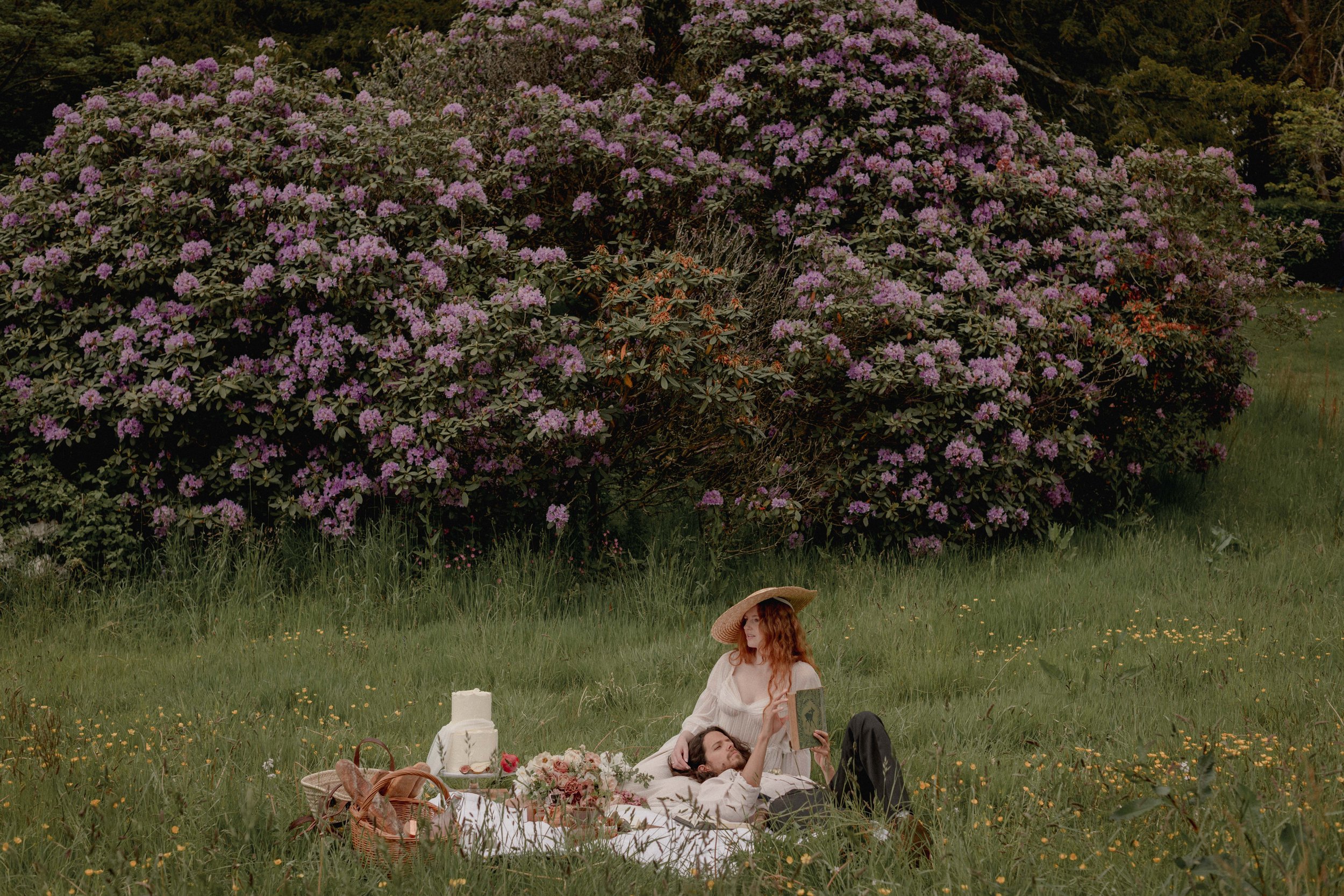 bride and groom in period inspired wedding outfits sit in a meadow with a picnic in a scene inspired by renaissance paintings at Pencarrow House and Gardens