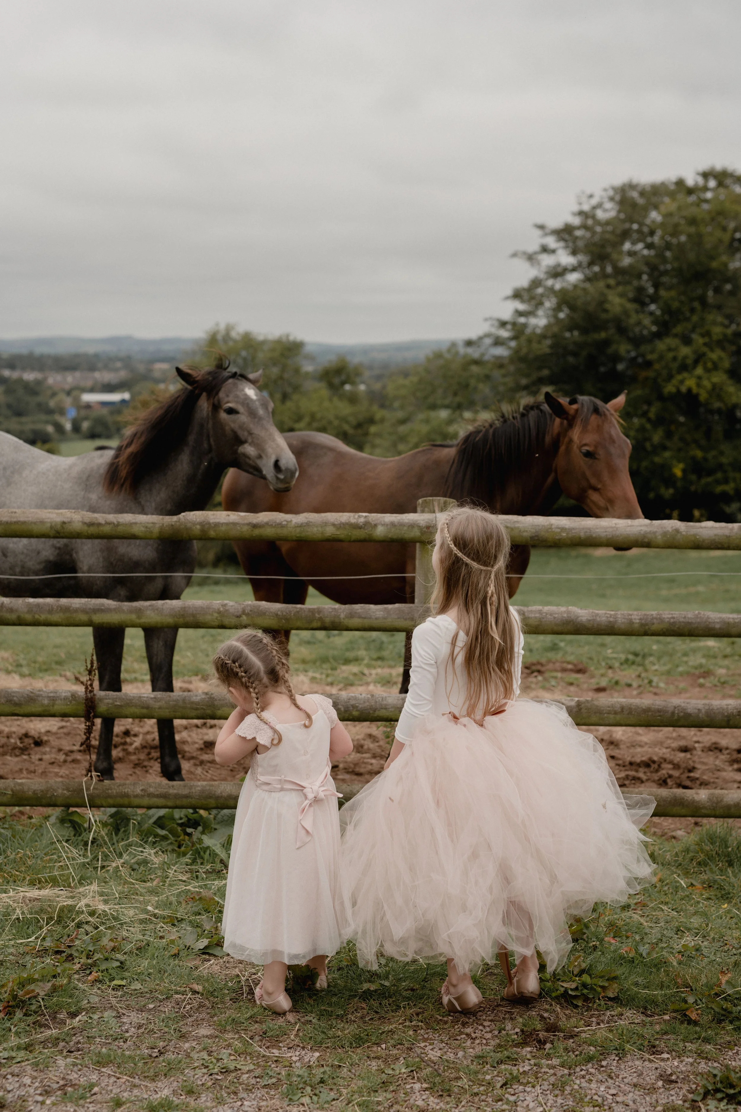 bridesmaids in blush tutus chat to the horses at upon barn wedding venue in devon