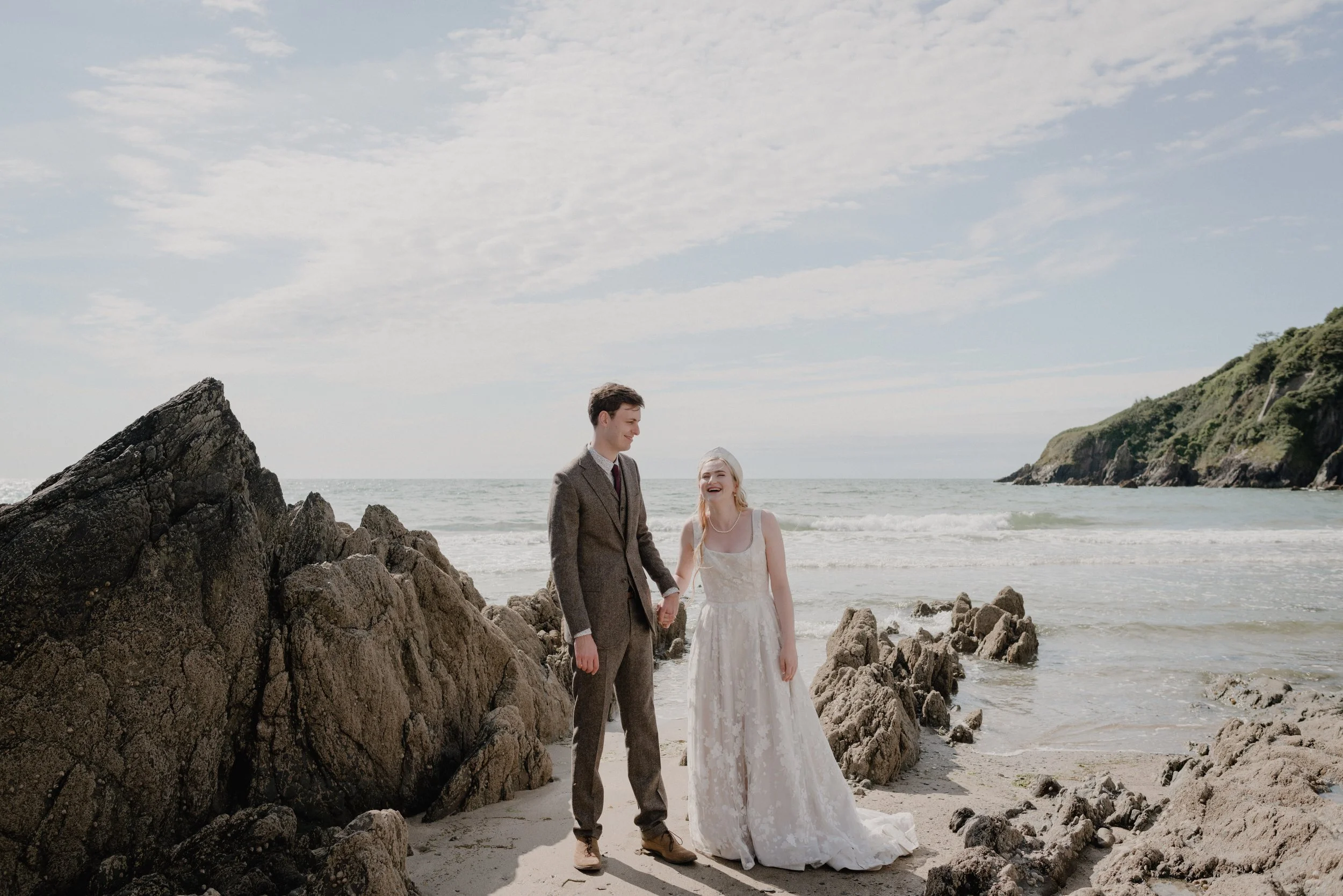 Bride and Groom on Mothercome bay beach for a devon wedding