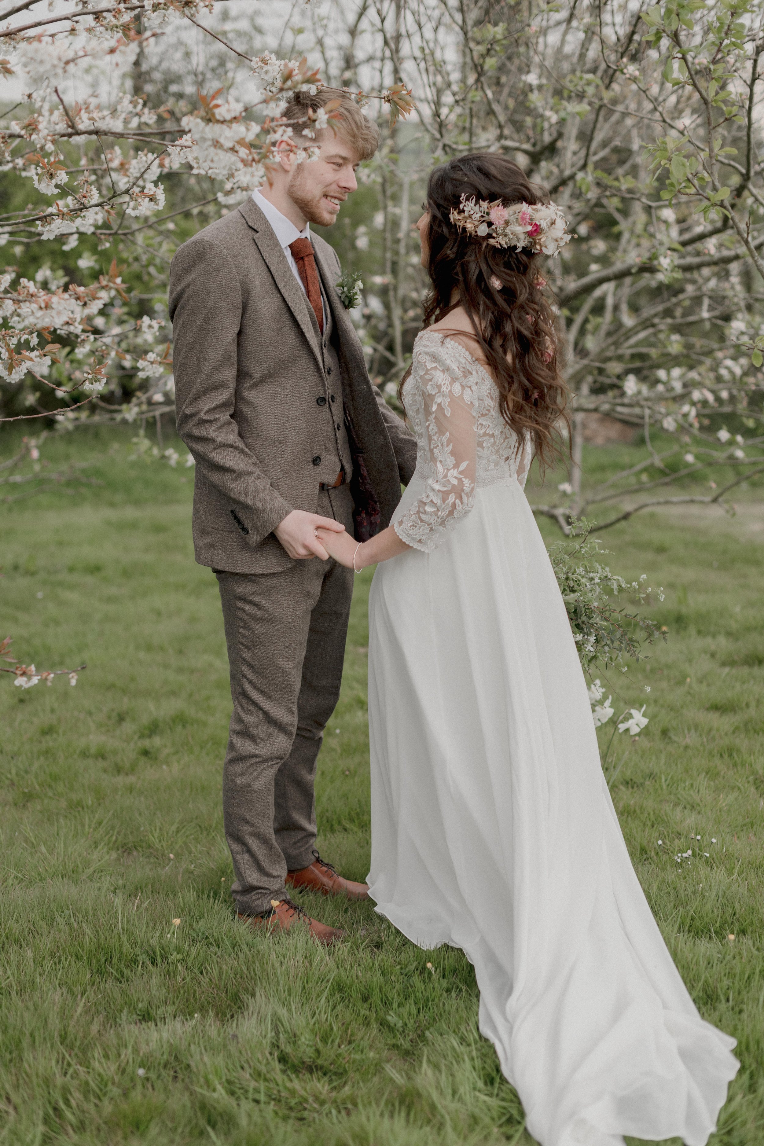 micro wedding in Cornwall at Camel Studio wedding venue in spring blossom