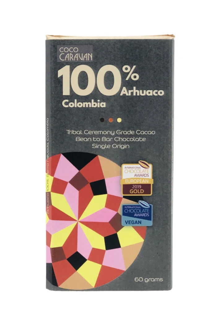 100 percent cerimonial cacao, from the arhuacos in Colombia, stone ground in Stroud by Coco Caravan
