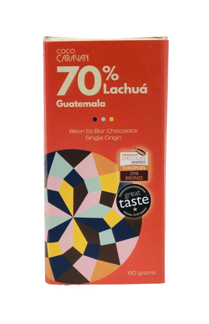 70 % Lachuá Chocolate  sweetened with evaporated coconut nectar.  Grown deep in the jungle of Guatemala, stone ground by Coco Caravan in Stroud