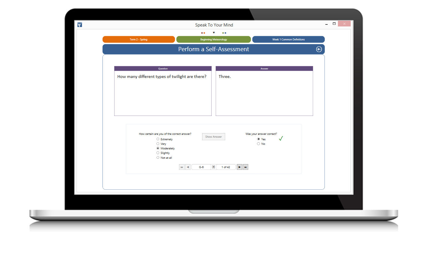 Self-assessment assessment screen provides feedback on what you know versus what you think you know.
