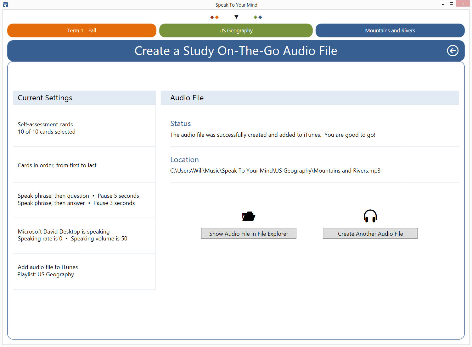 The outcome screen lets you know the final status of your custom mp3 audio file