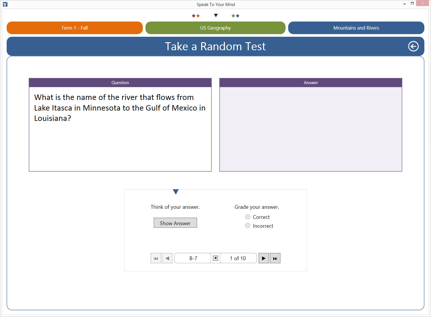 You'll take random tests on your flashcards using the Test screen.