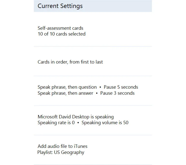 Flashcard settings are displayed in an easy to understand way
