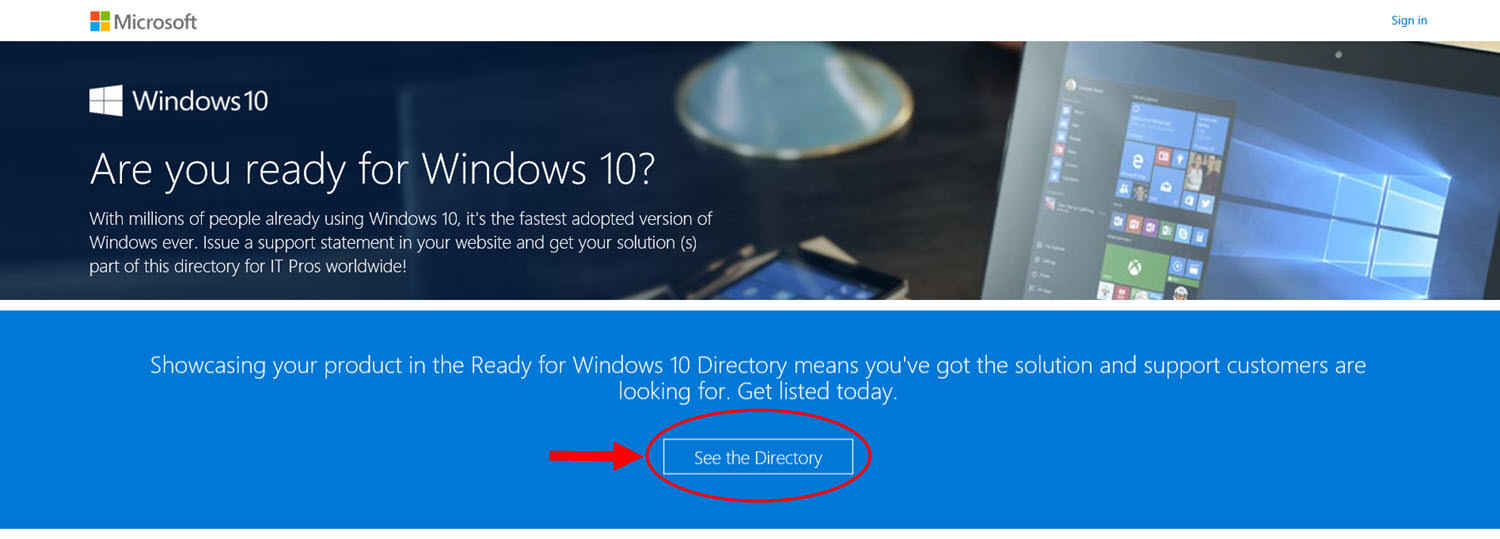 Microsoft's Ready for Windows 10 website and online software directory