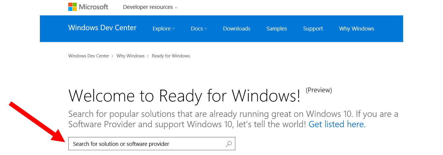 The Ready for Windows 10 Directory lists software compatible with Windows 10