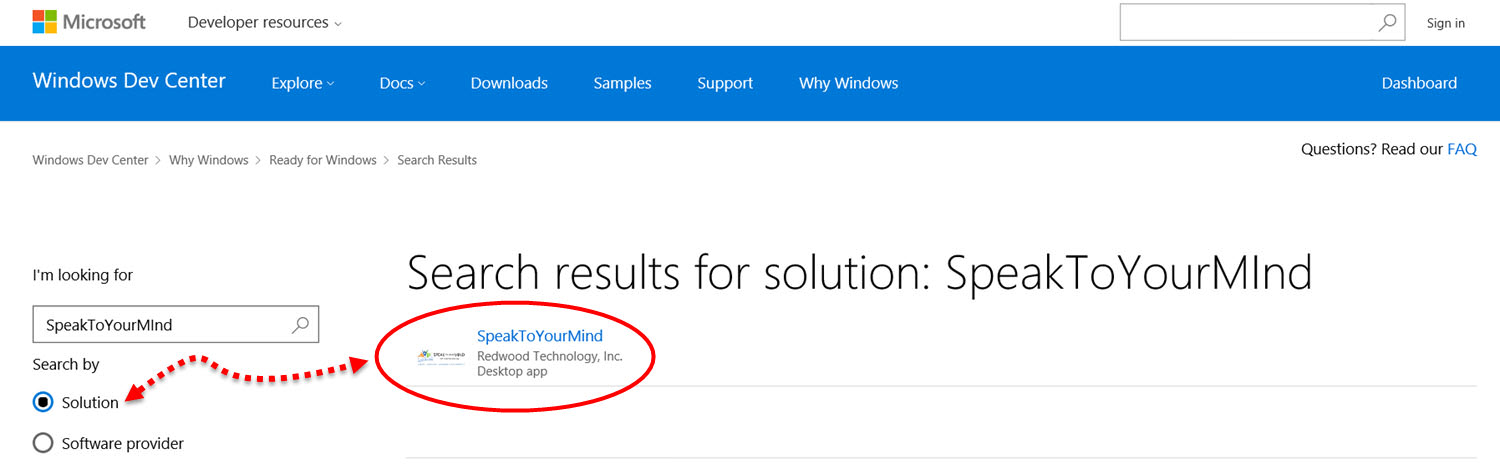 Searching the Ready for Windows 10 Directory by software "Solution"